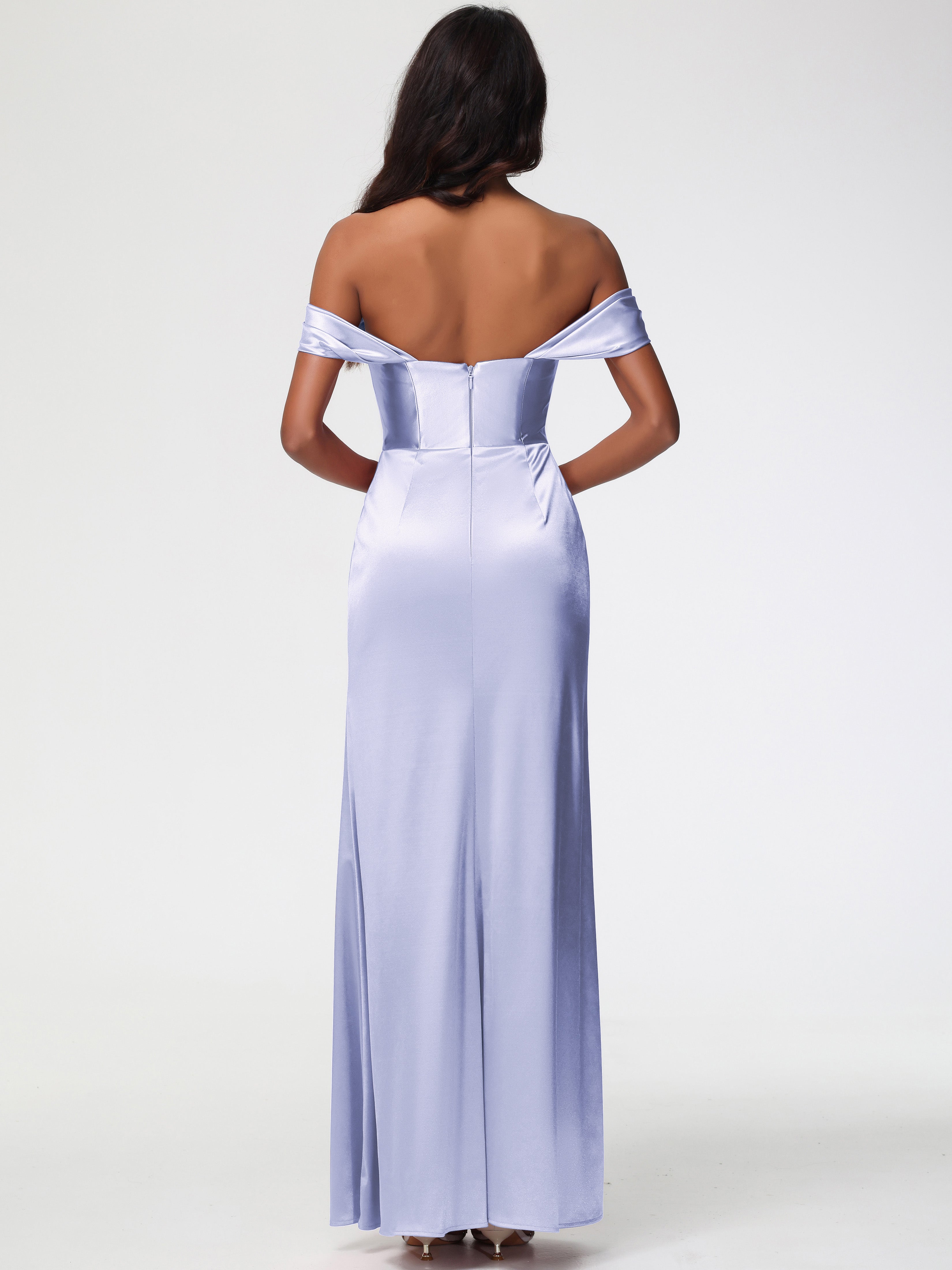 Robe De Demoiselle D'Honneur Lavande Satin Extensible Robe Fourreau Demoiselle D Honneur Epaule Dénudée