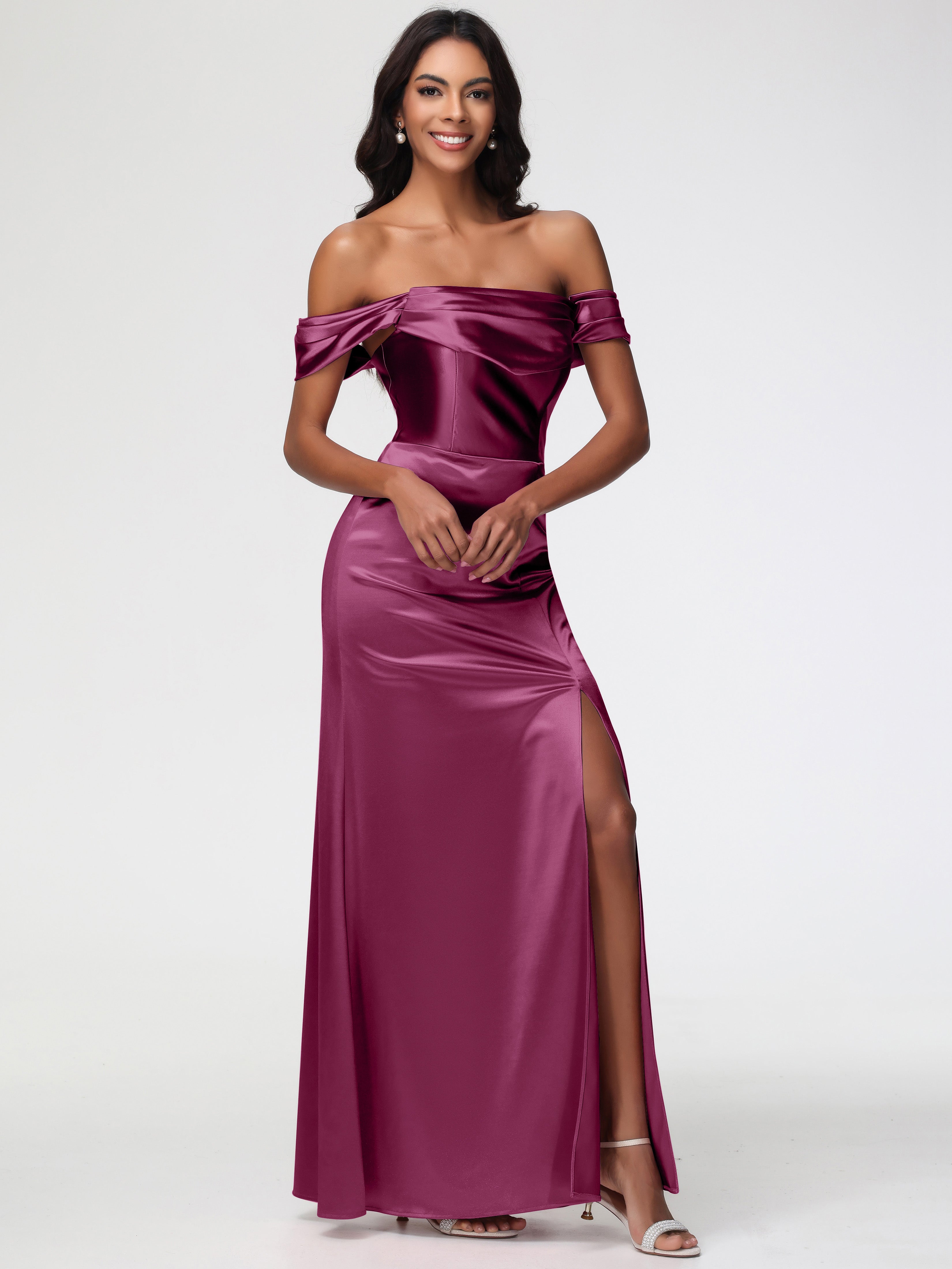 Robes De Demoiselle D'Honneur Mure Satin Extensible Robe Fourreau Demoiselle D Honneur Epaule Dénudée