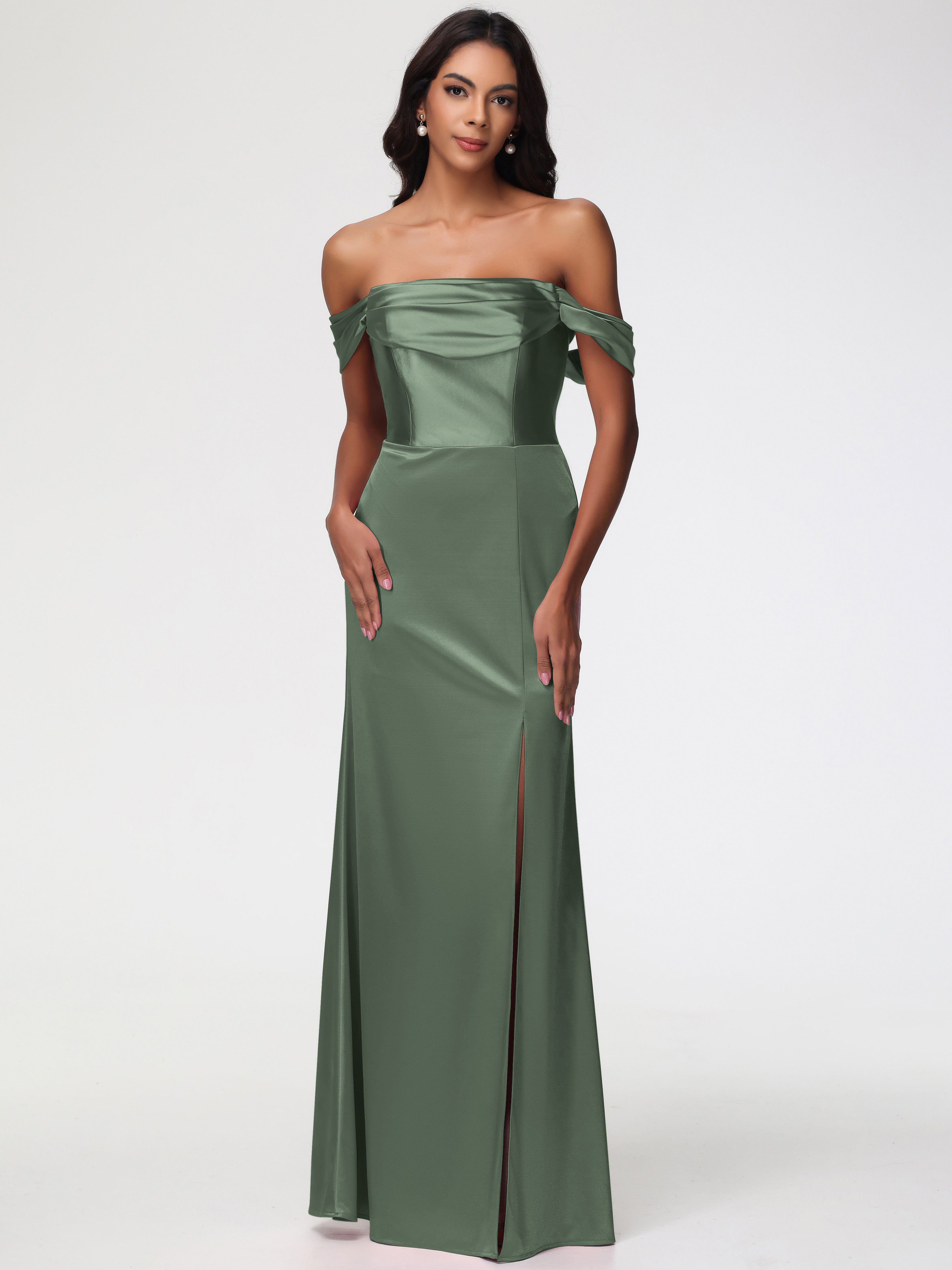 Demoiselle D Honneur Vert Olive Satin Extensible Robe Fourreau Demoiselle D Honneur Epaule Dénudée