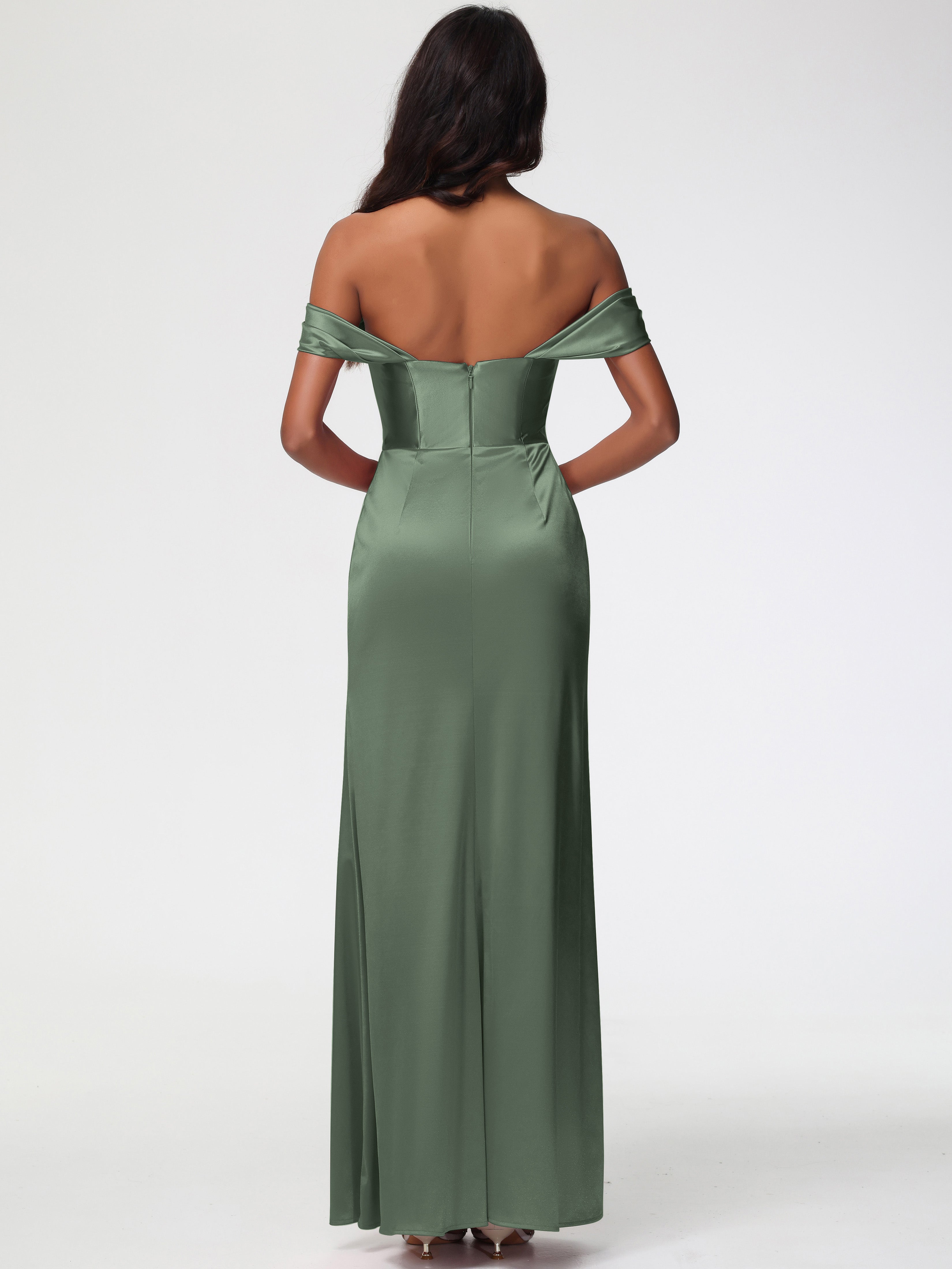 Demoiselle D Honneur Vert Olive Satin Extensible Robe Fourreau Demoiselle D Honneur Epaule Dénudée