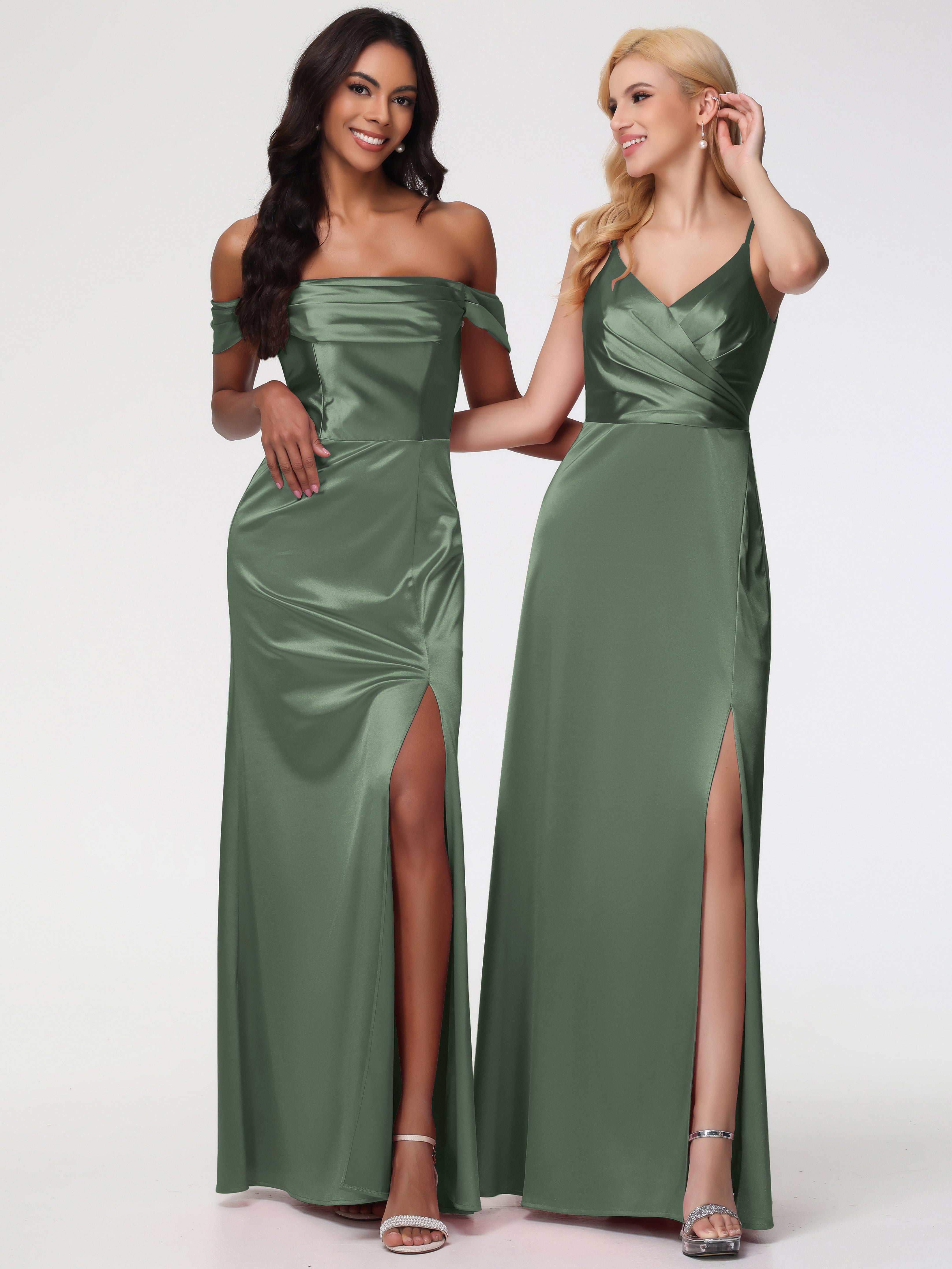 Demoiselle D Honneur Vert Olive Satin Extensible Robe Fourreau Demoiselle D Honneur Epaule Dénudée