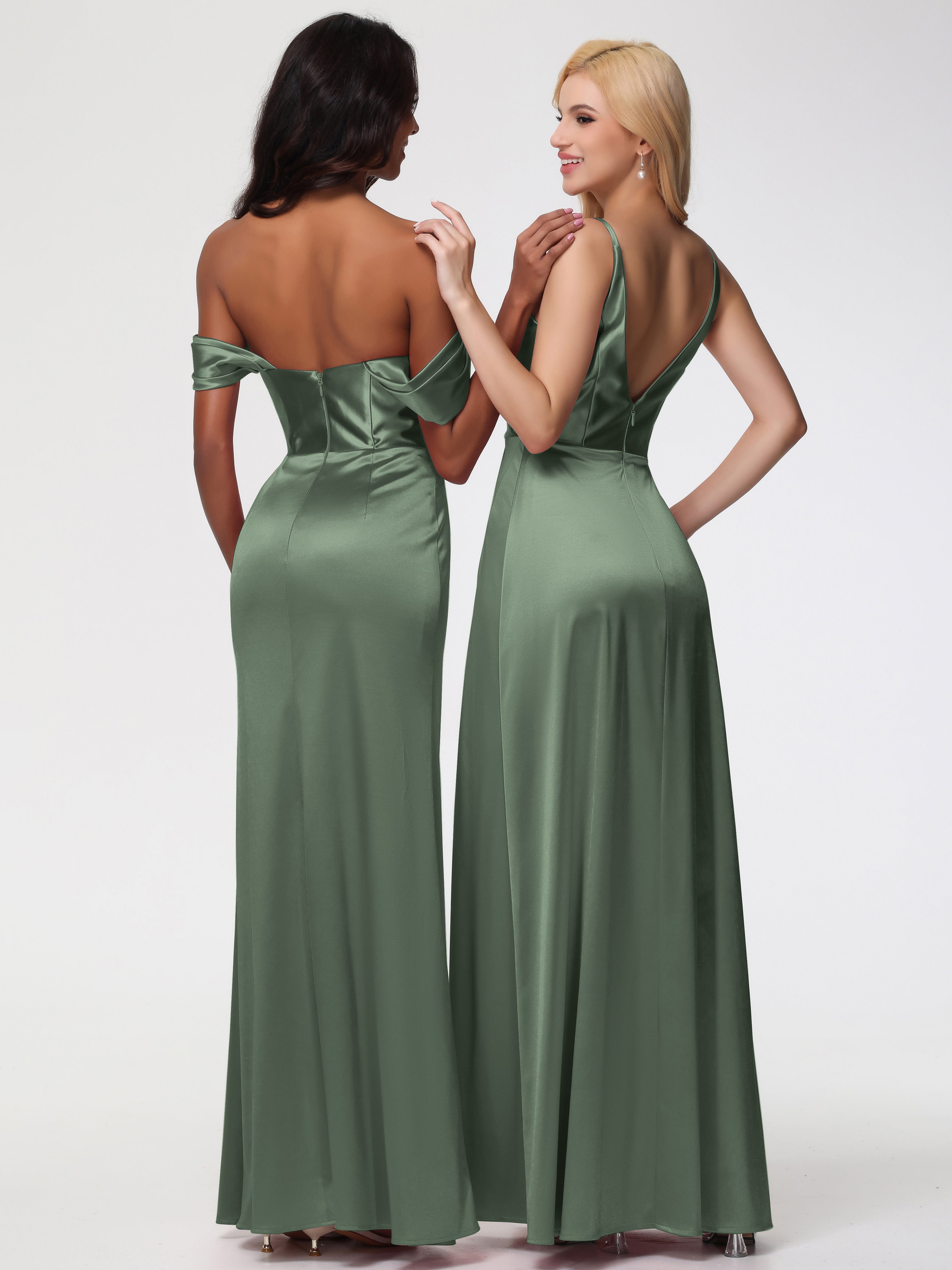 Demoiselle D Honneur Vert Olive Satin Extensible Robe Fourreau Demoiselle D Honneur Epaule Dénudée