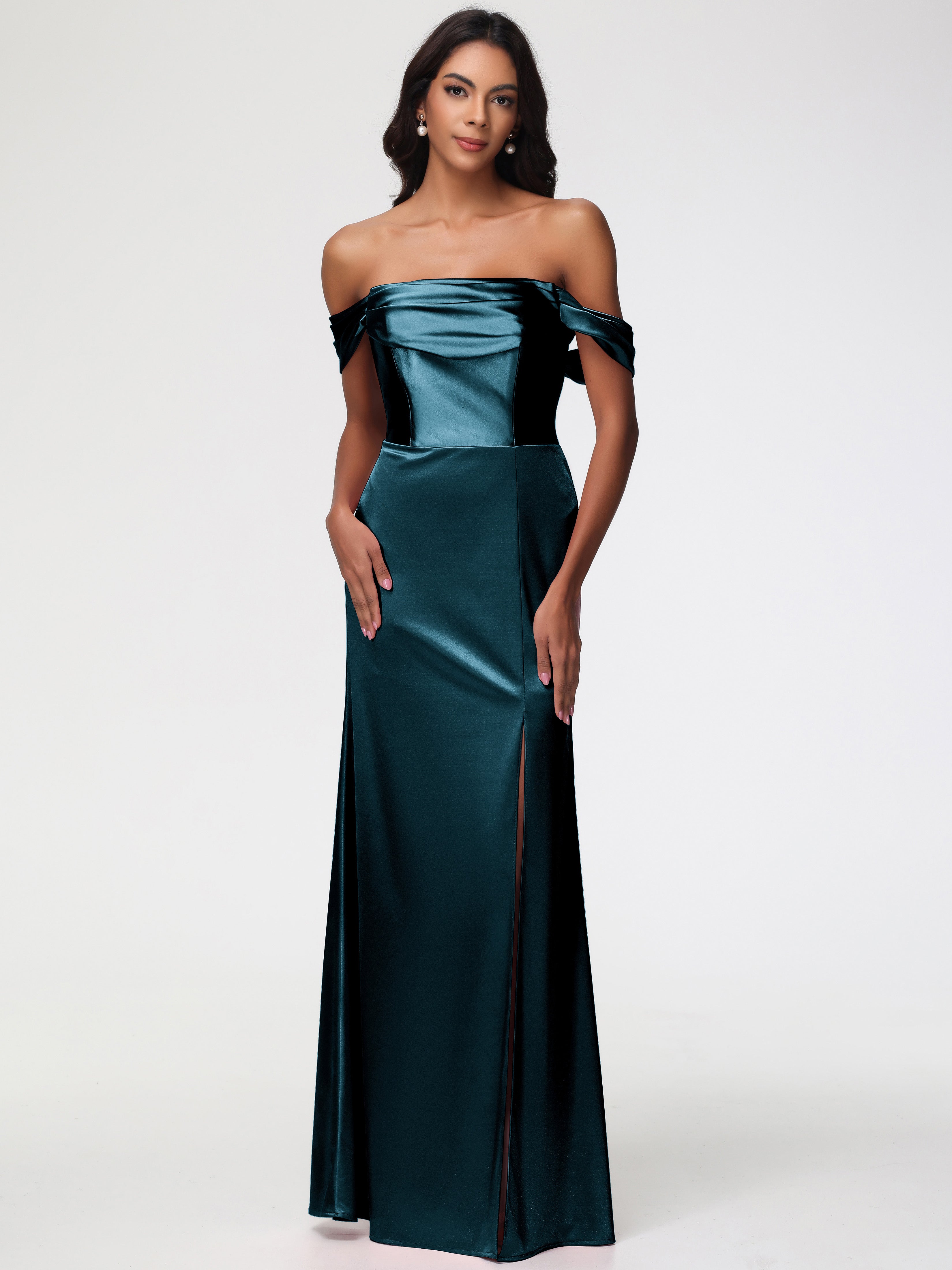 Robe De Demoiselle D'Honneur De Paon Au Sol Satin Extensible Robe Fourreau Demoiselle D Honneur Epaule Dénudée