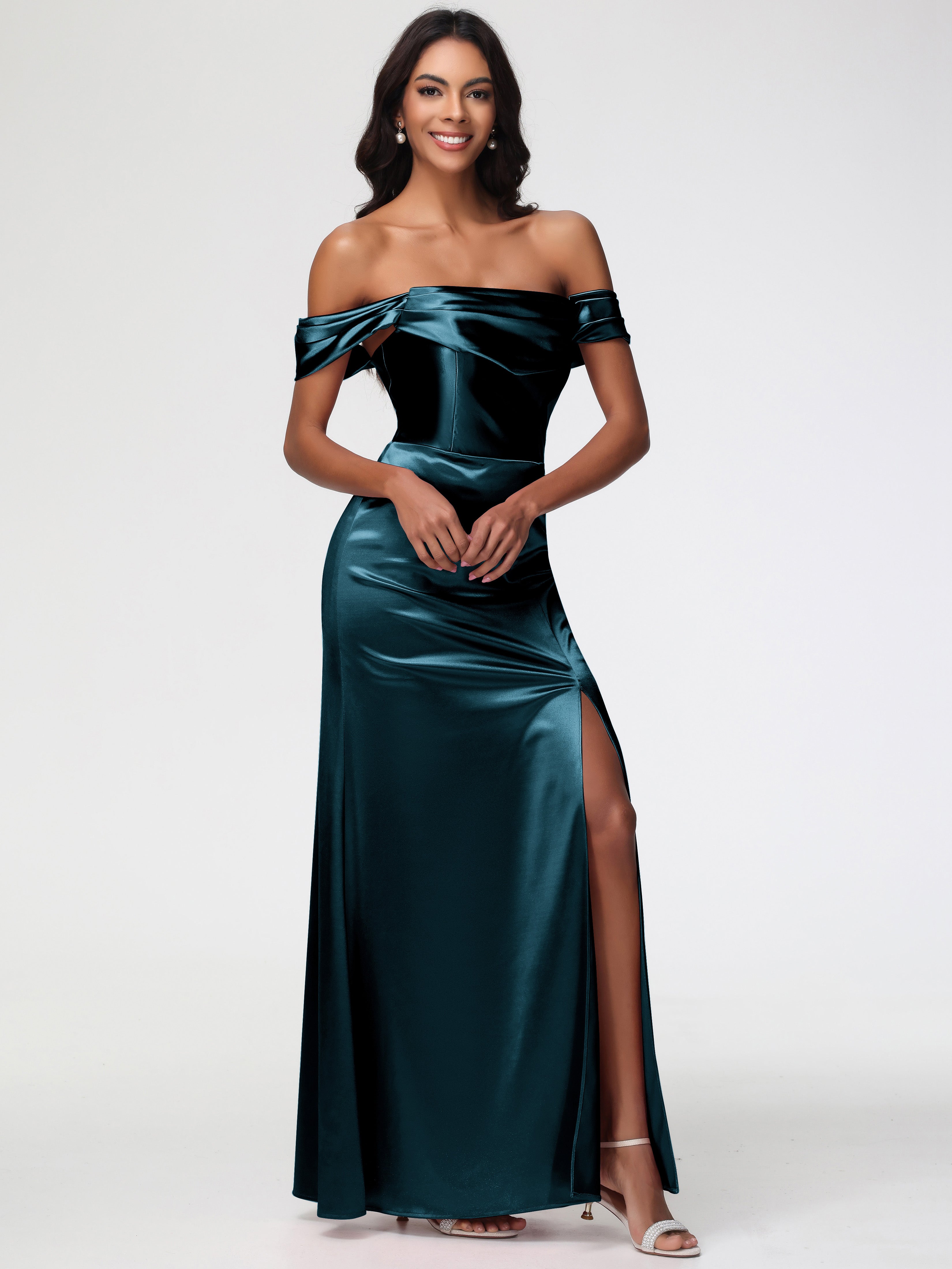 Robe De Demoiselle D'Honneur De Paon Au Sol Satin Extensible Robe Fourreau Demoiselle D Honneur Epaule Dénudée