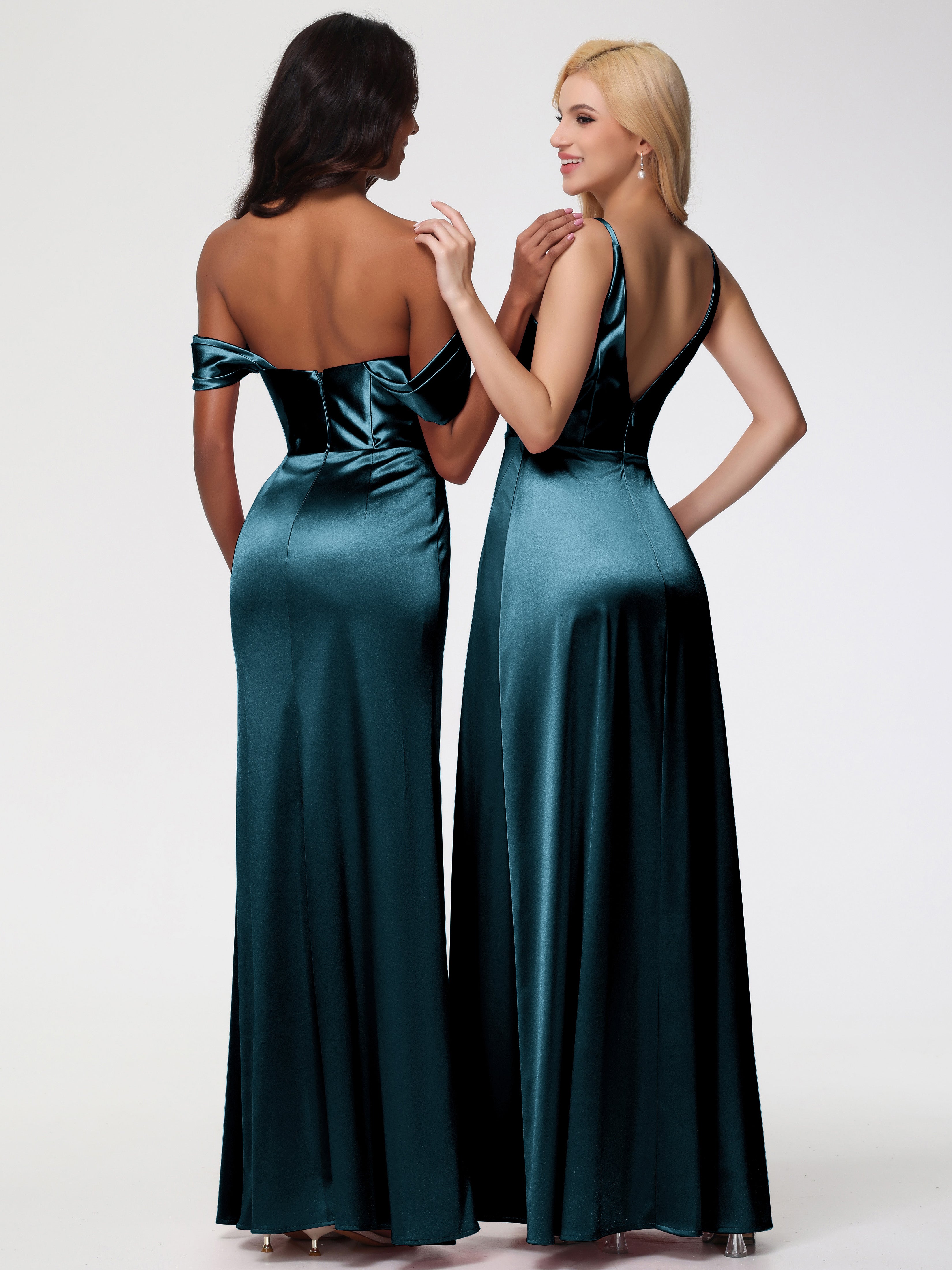 Robe De Demoiselle D'Honneur De Paon Au Sol Satin Extensible Robe Fourreau Demoiselle D Honneur Epaule Dénudée