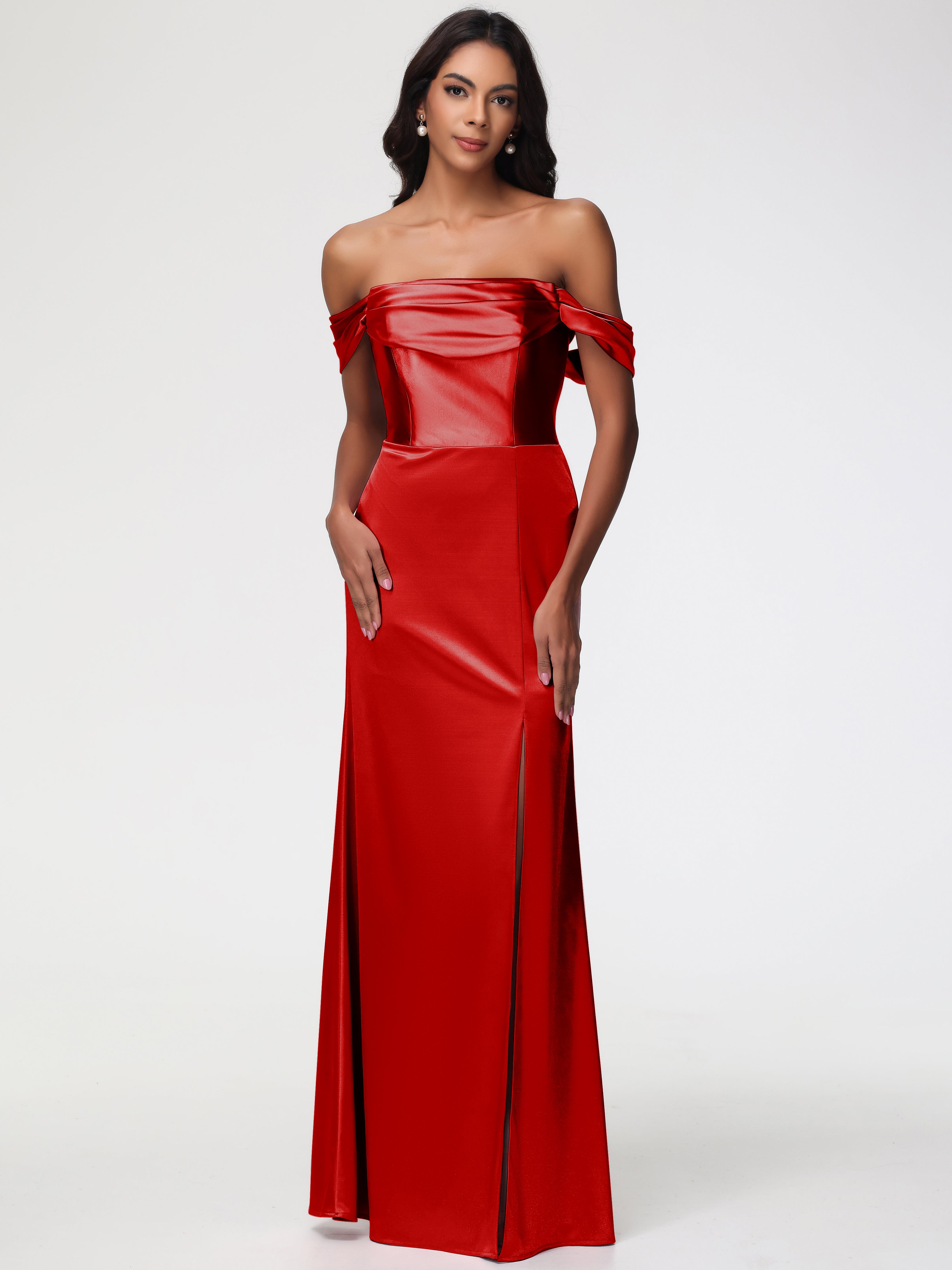 Demoiselle D Honneur Rouge Satin Extensible Robe Fourreau Demoiselle D Honneur Epaule Dénudée