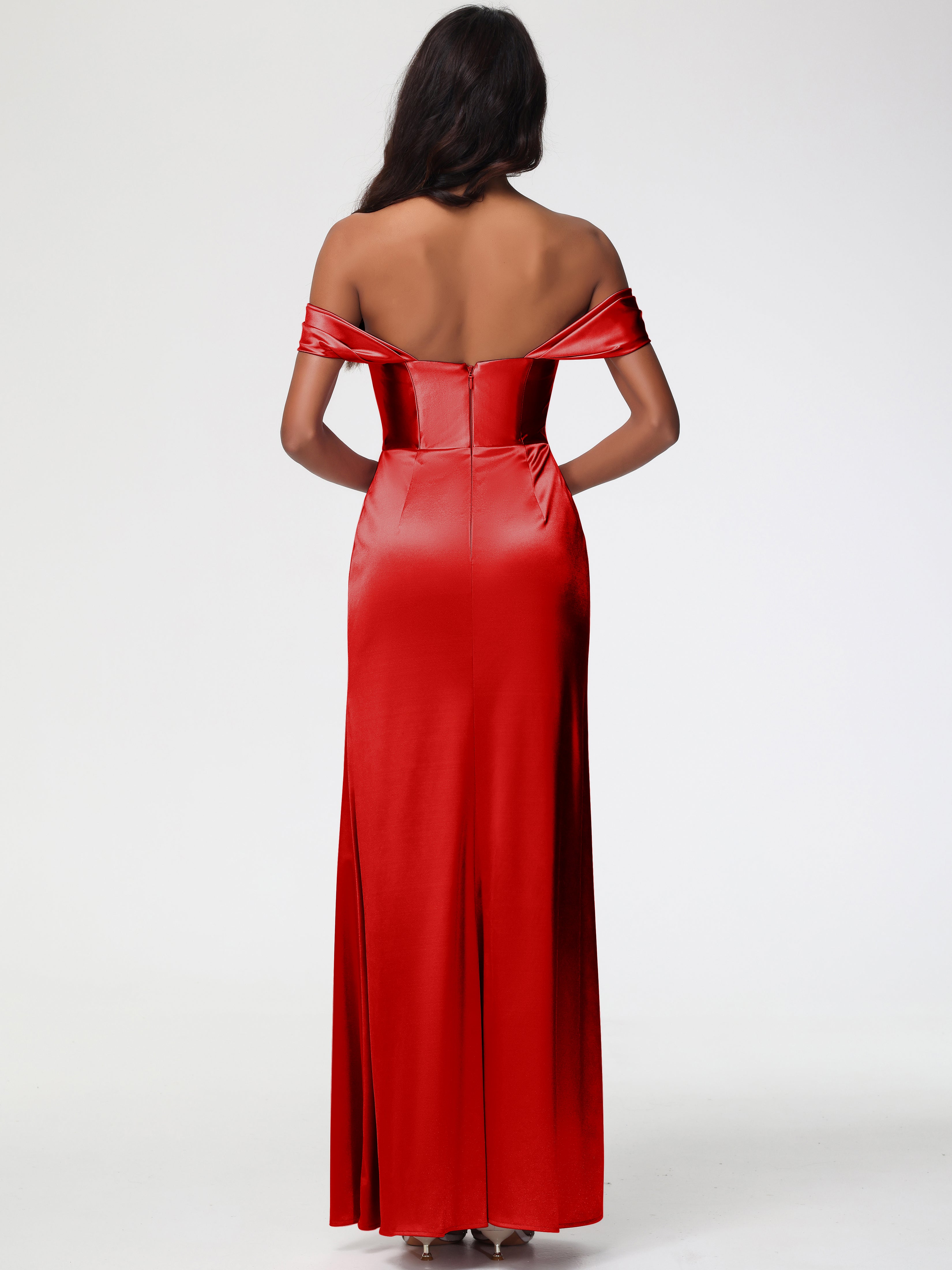 Demoiselle D Honneur Rouge Satin Extensible Robe Fourreau Demoiselle D Honneur Epaule Dénudée