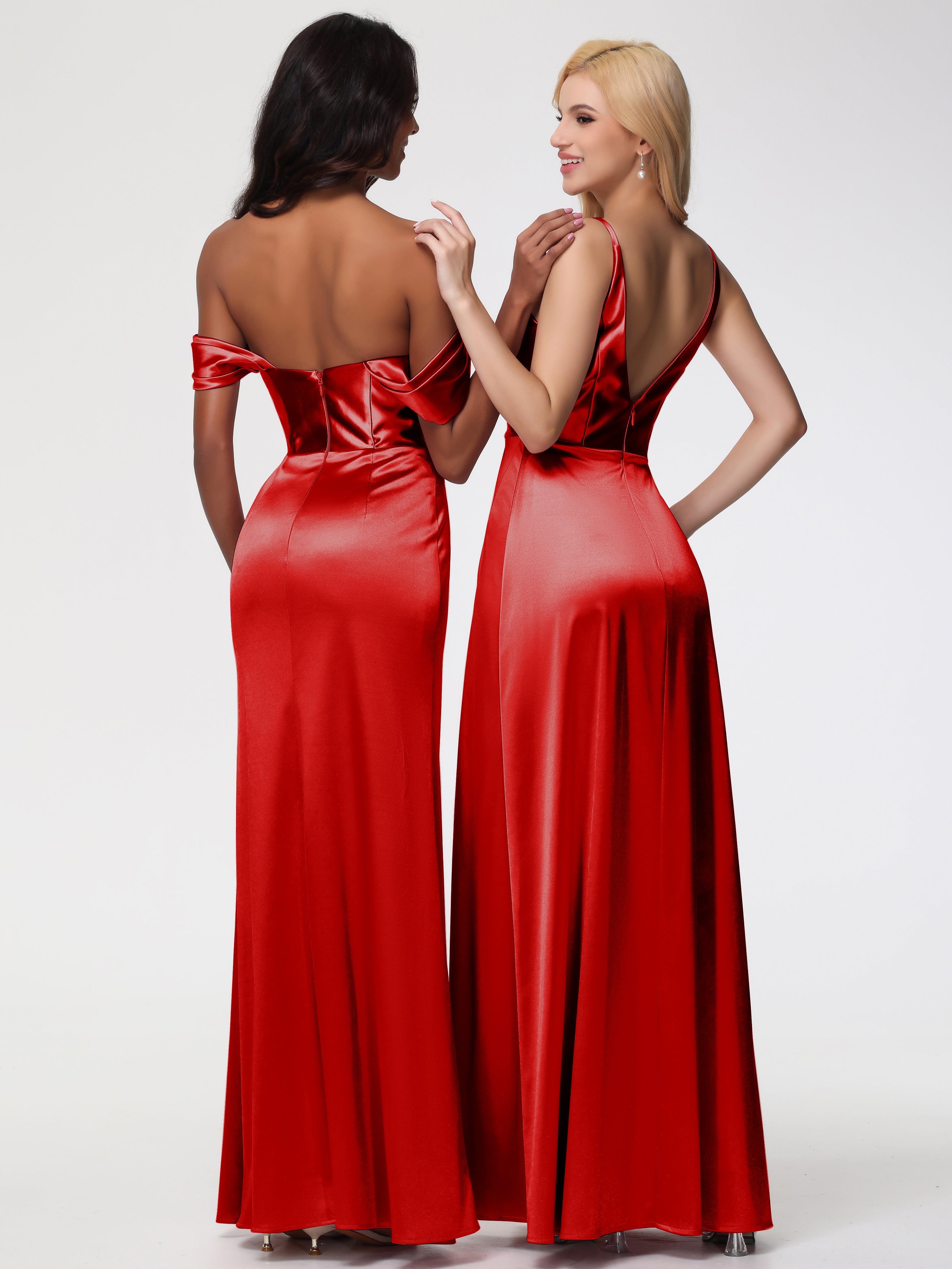 Demoiselle D Honneur Rouge Satin Extensible Robe Fourreau Demoiselle D Honneur Epaule Dénudée