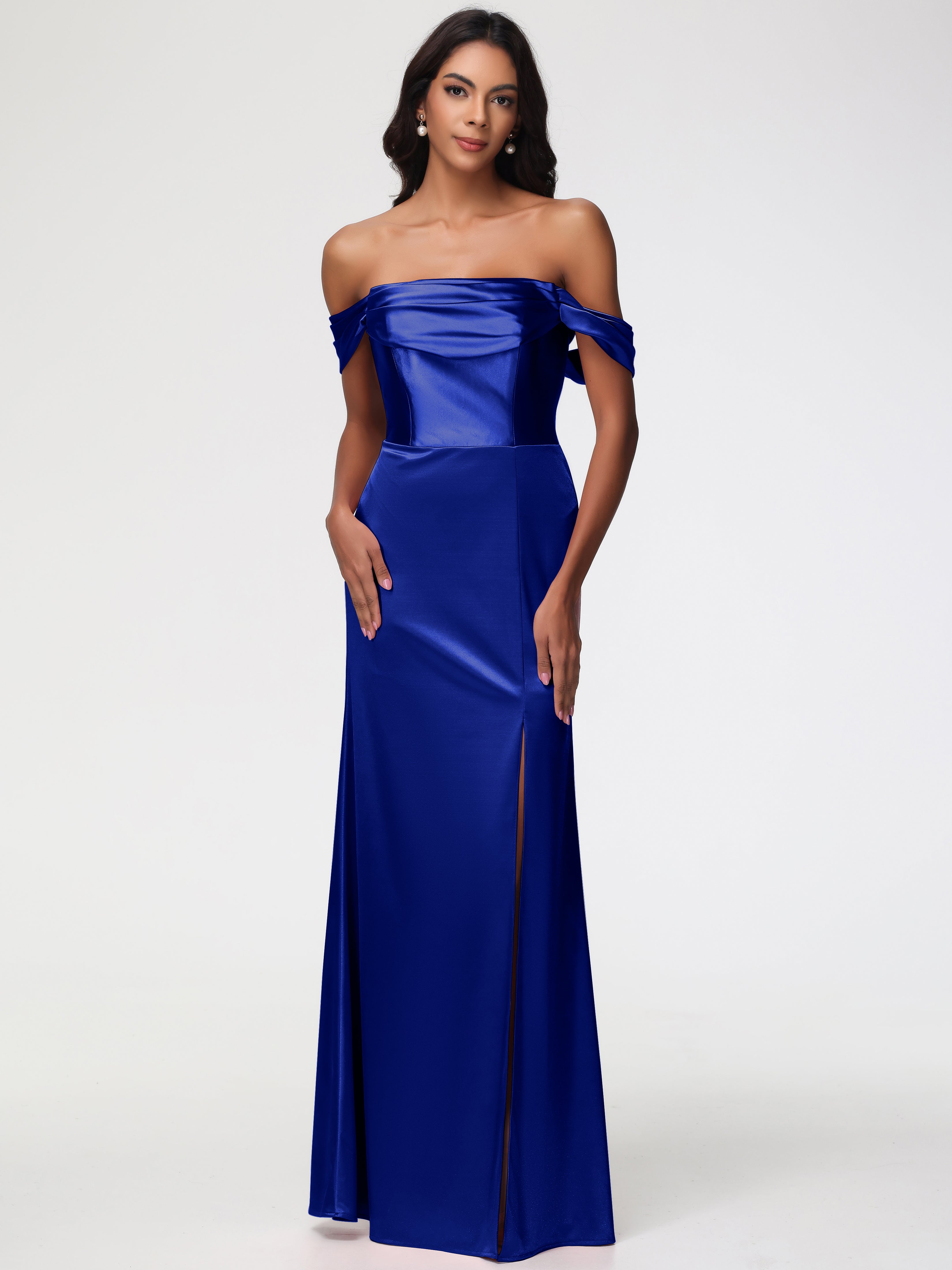 Demoiselle D'Honneur Bleu Royal Satin Extensible Robe Fourreau Demoiselle D Honneur Epaule Dénudée