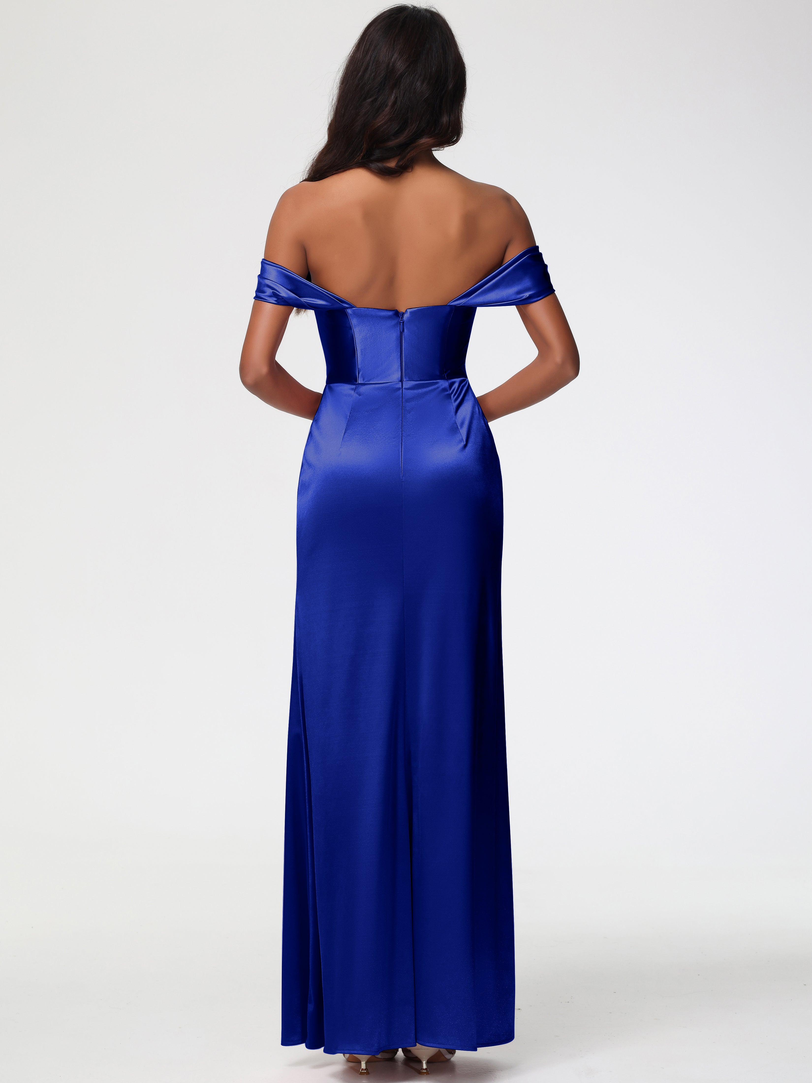 Demoiselle D'Honneur Bleu Royal Satin Extensible Robe Fourreau Demoiselle D Honneur Epaule Dénudée