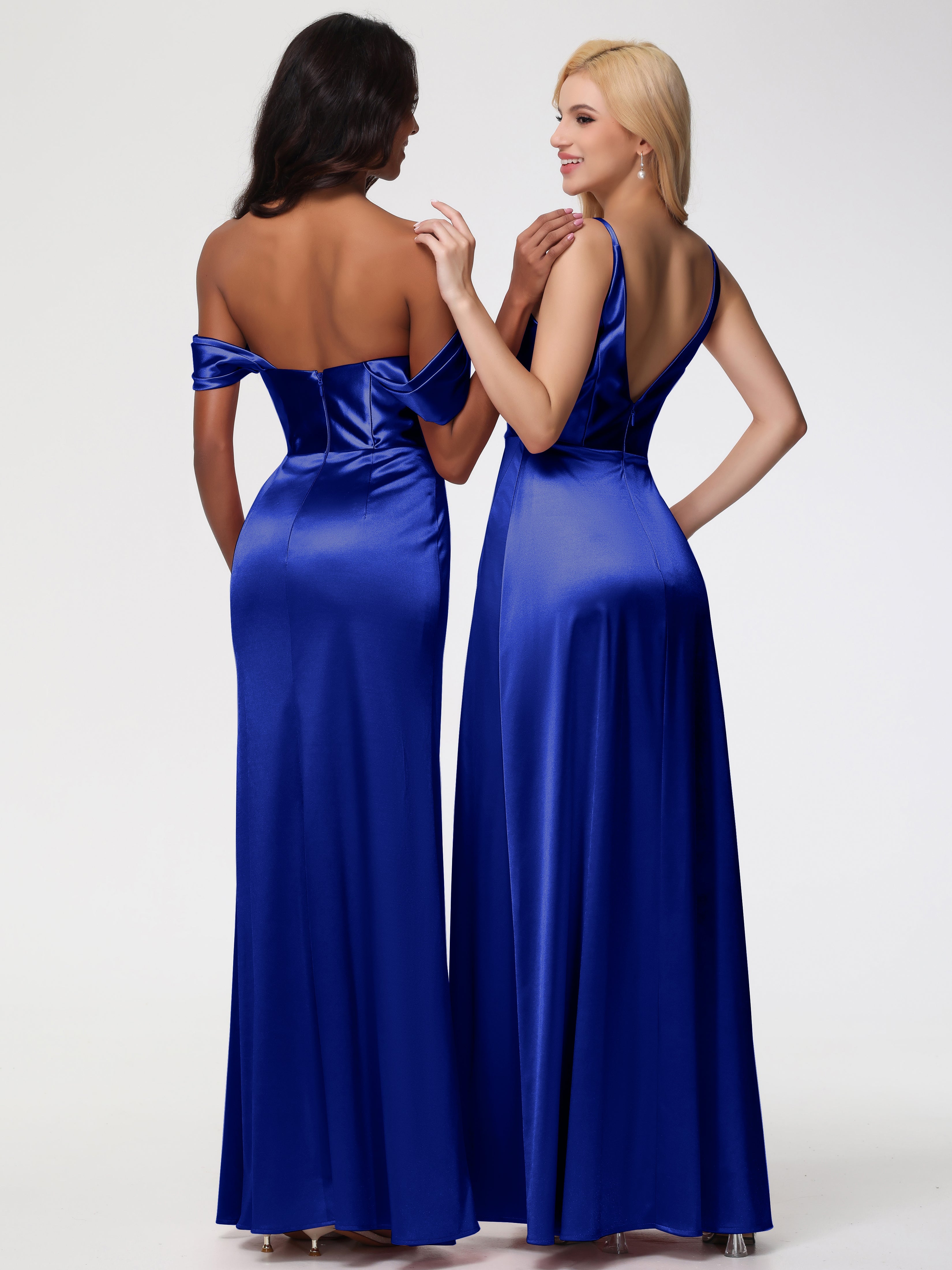 Demoiselle D'Honneur Bleu Royal Satin Extensible Robe Fourreau Demoiselle D Honneur Epaule Dénudée