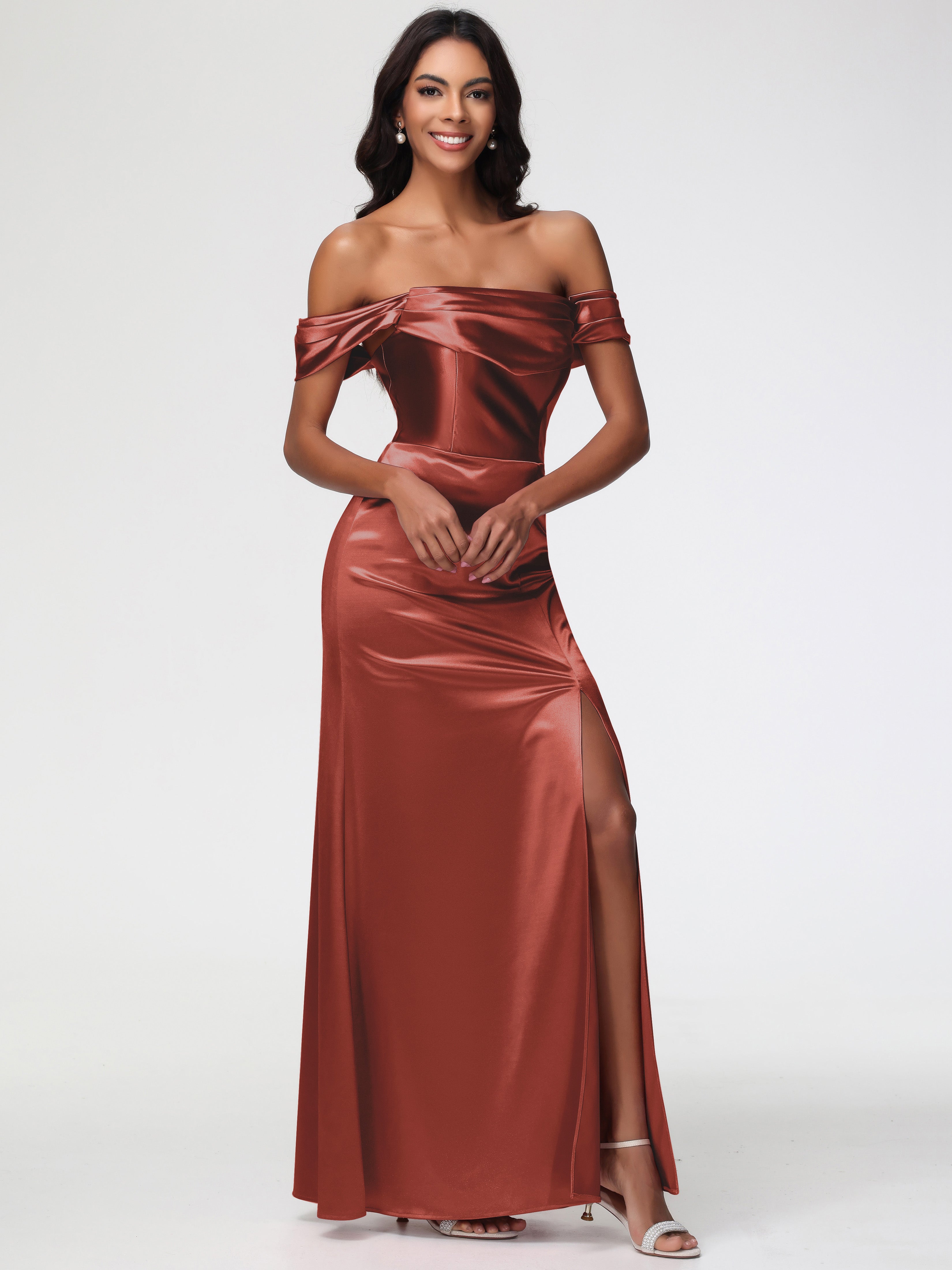 Robes De Demoiselle D'Honneur Couleur Rouille Satin Extensible Robe Fourreau Demoiselle D Honneur Epaule Dénudée