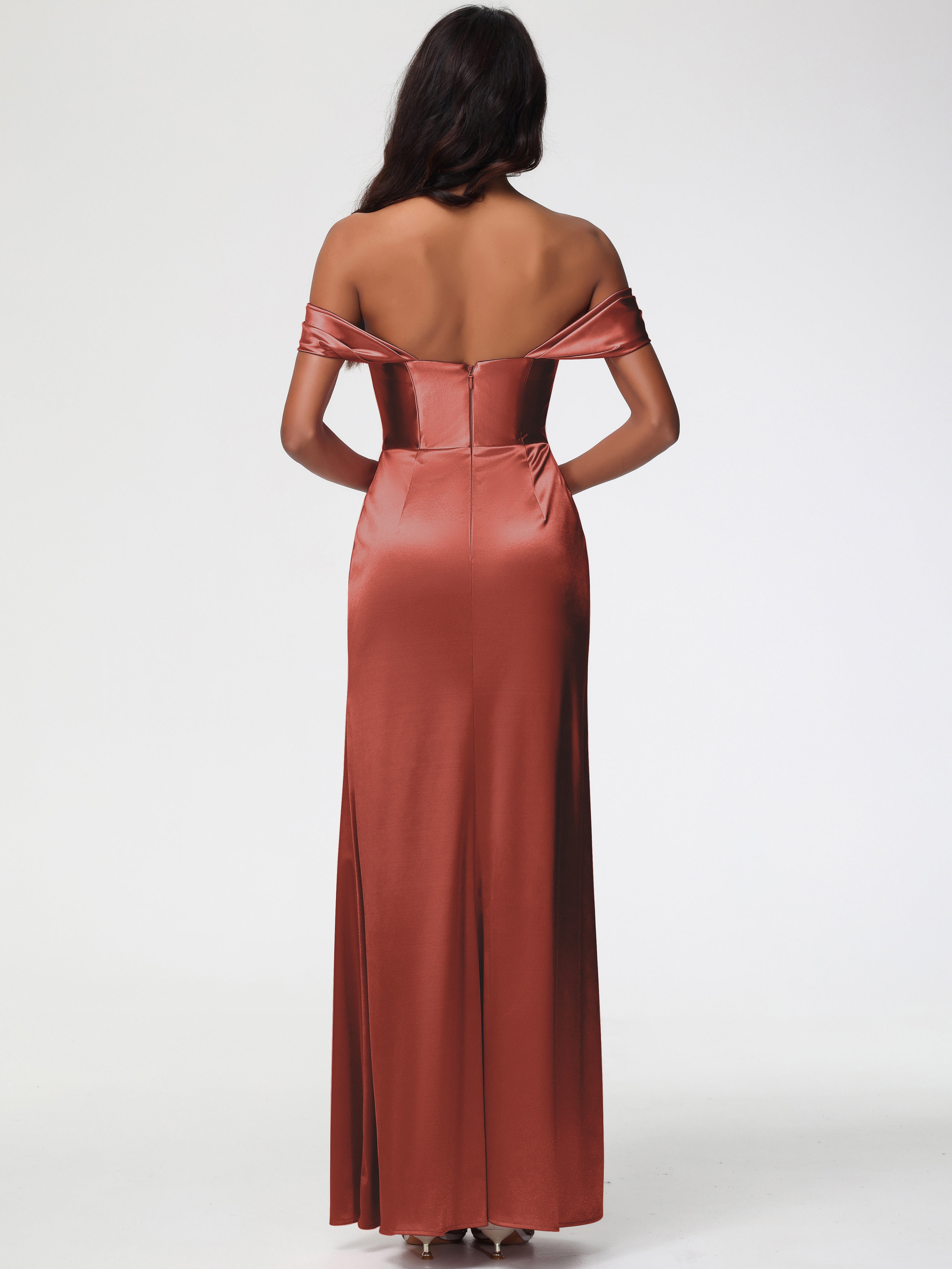 Robes De Demoiselle D'Honneur Couleur Rouille Satin Extensible Robe Fourreau Demoiselle D Honneur Epaule Dénudée