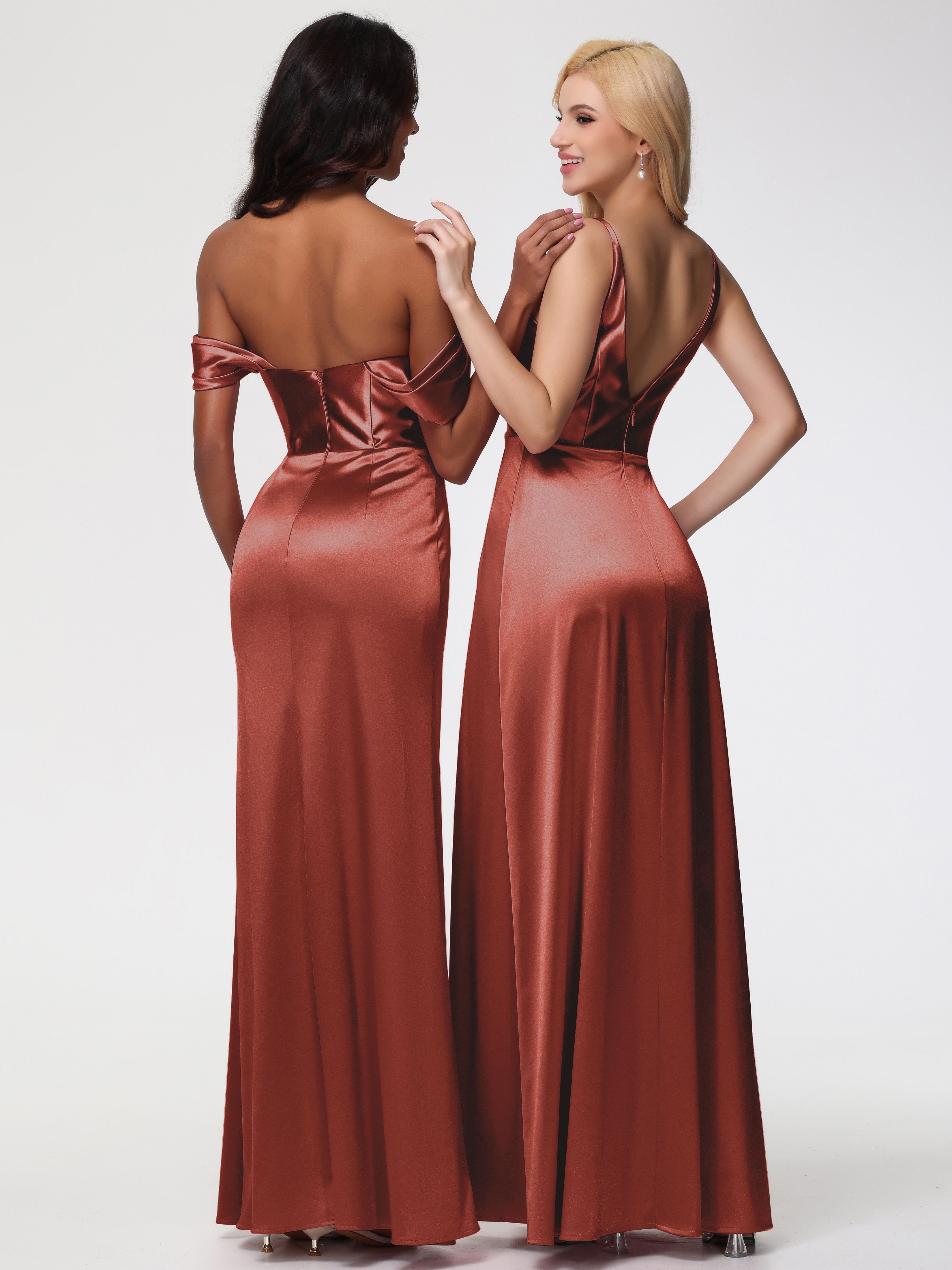 Robes De Demoiselle D'Honneur Couleur Rouille Satin Extensible Robe Fourreau Demoiselle D Honneur Epaule Dénudée