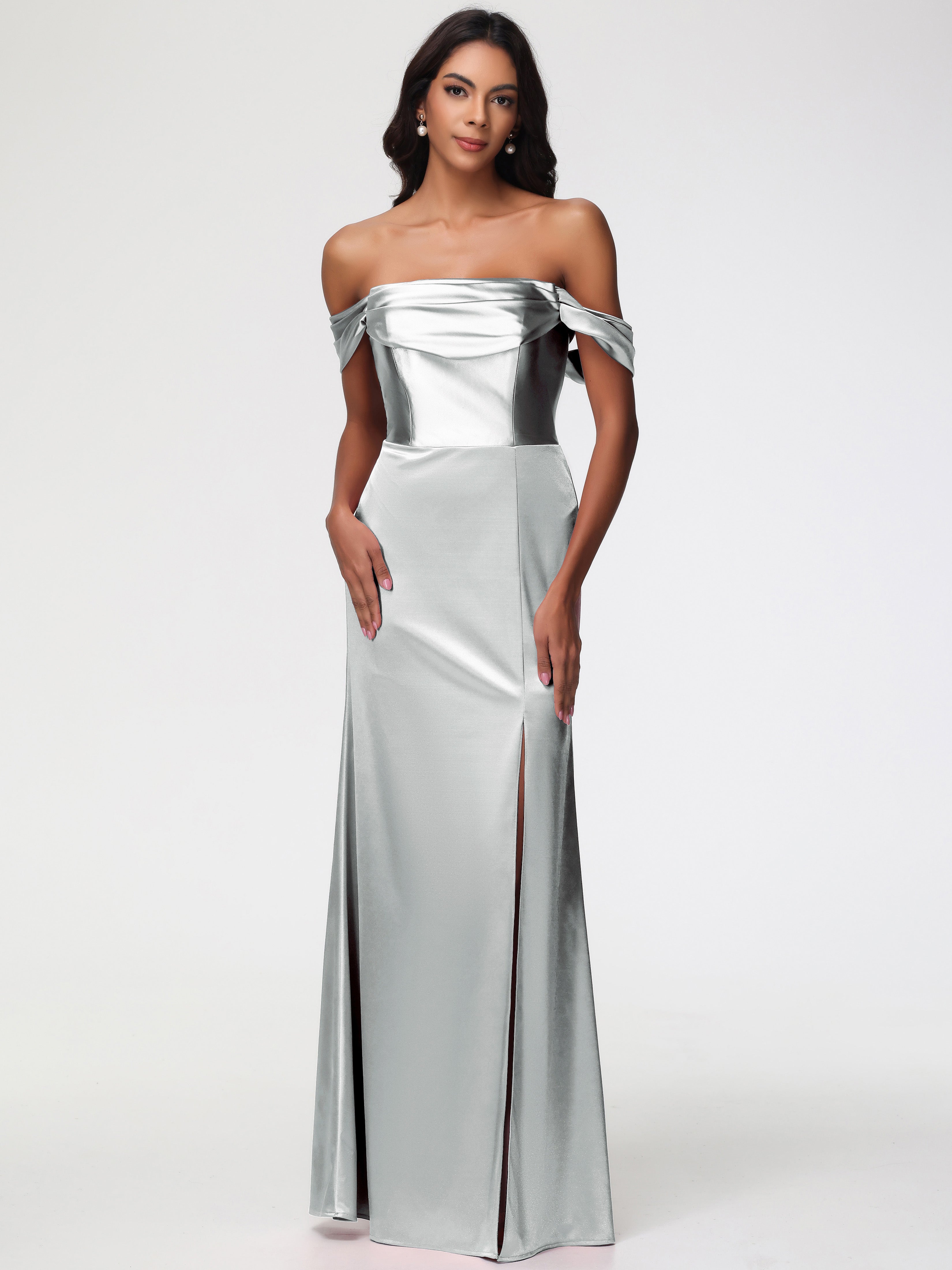 Robes De Demoiselle D'Honneur En Argent Satin Extensible Robe Fourreau Demoiselle D Honneur Epaule Dénudée