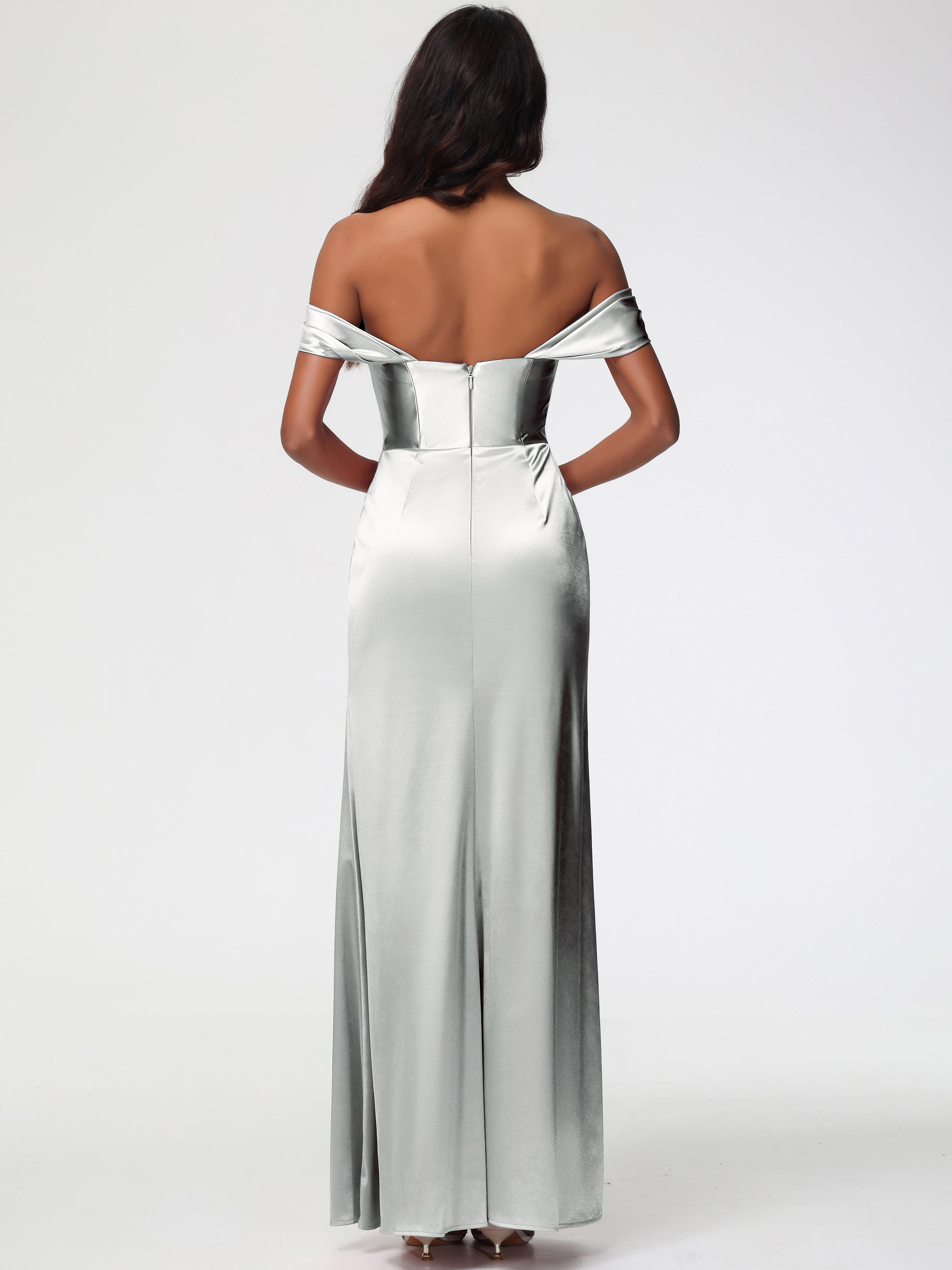 Robes De Demoiselle D'Honneur En Argent Satin Extensible Robe Fourreau Demoiselle D Honneur Epaule Dénudée