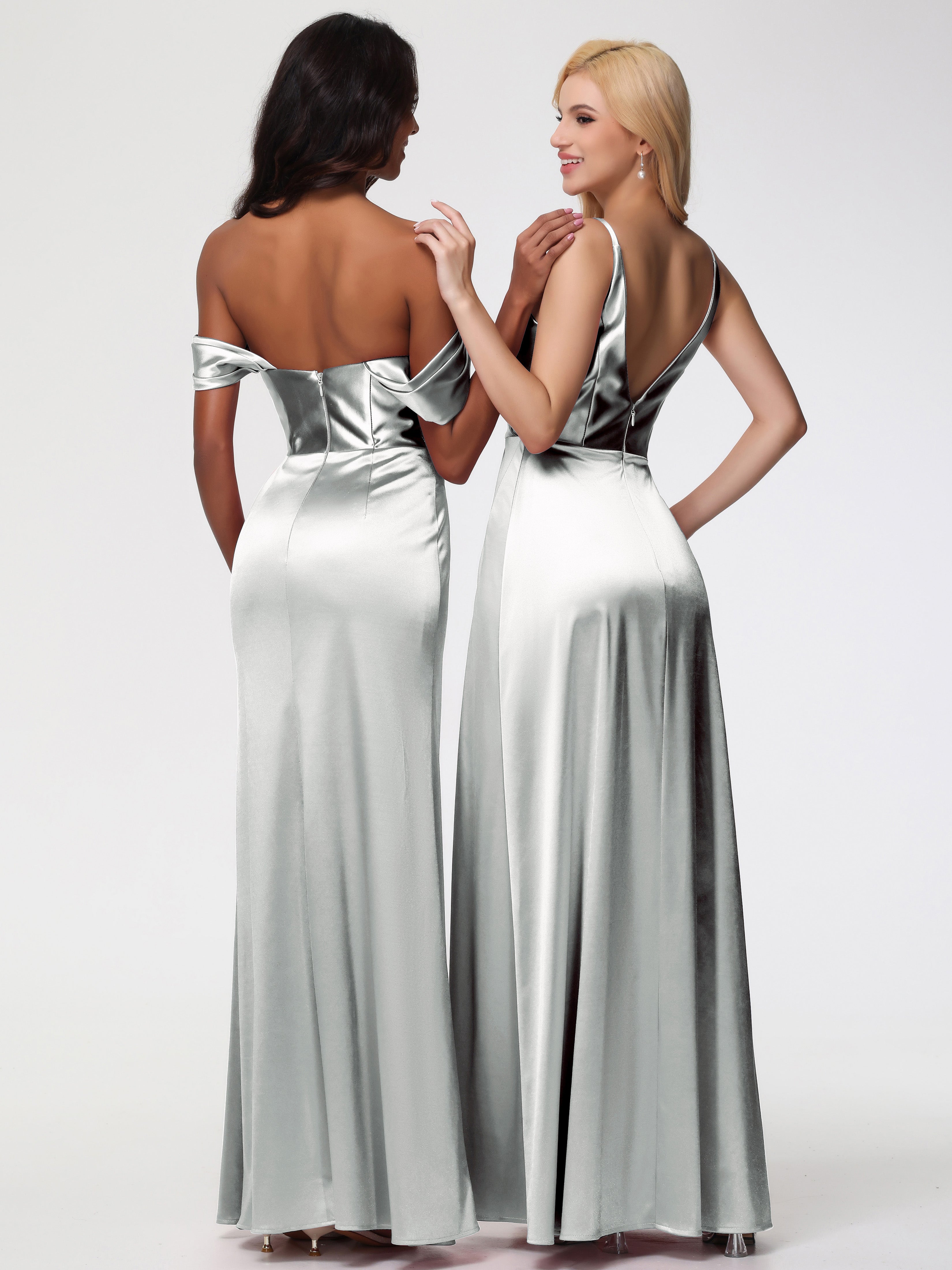 Robes De Demoiselle D'Honneur En Argent Satin Extensible Robe Fourreau Demoiselle D Honneur Epaule Dénudée