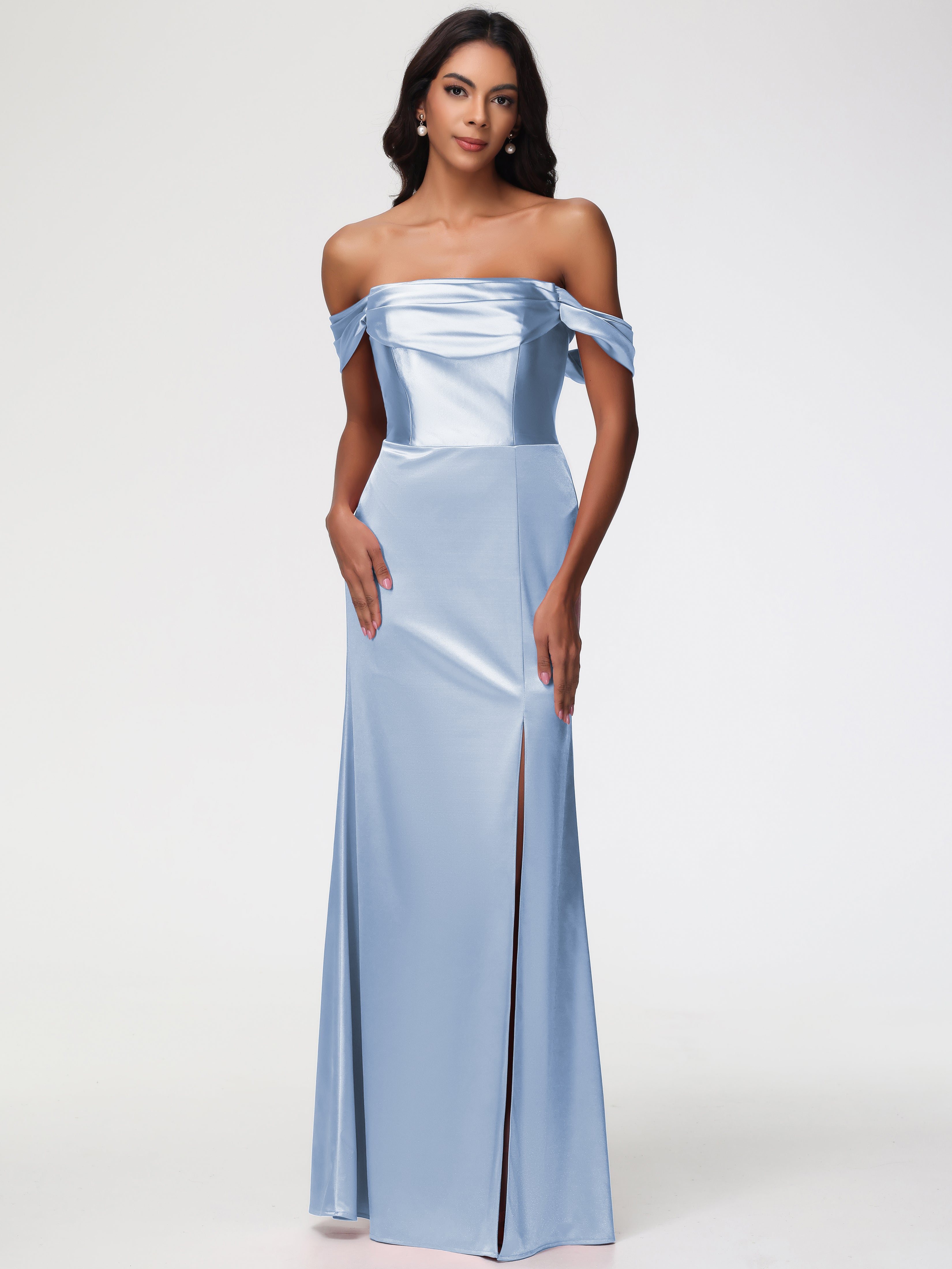 Robe Demoiselle D Honneur Bleue Ciel Satin Extensible Robe Fourreau Demoiselle D Honneur Epaule Dénudée