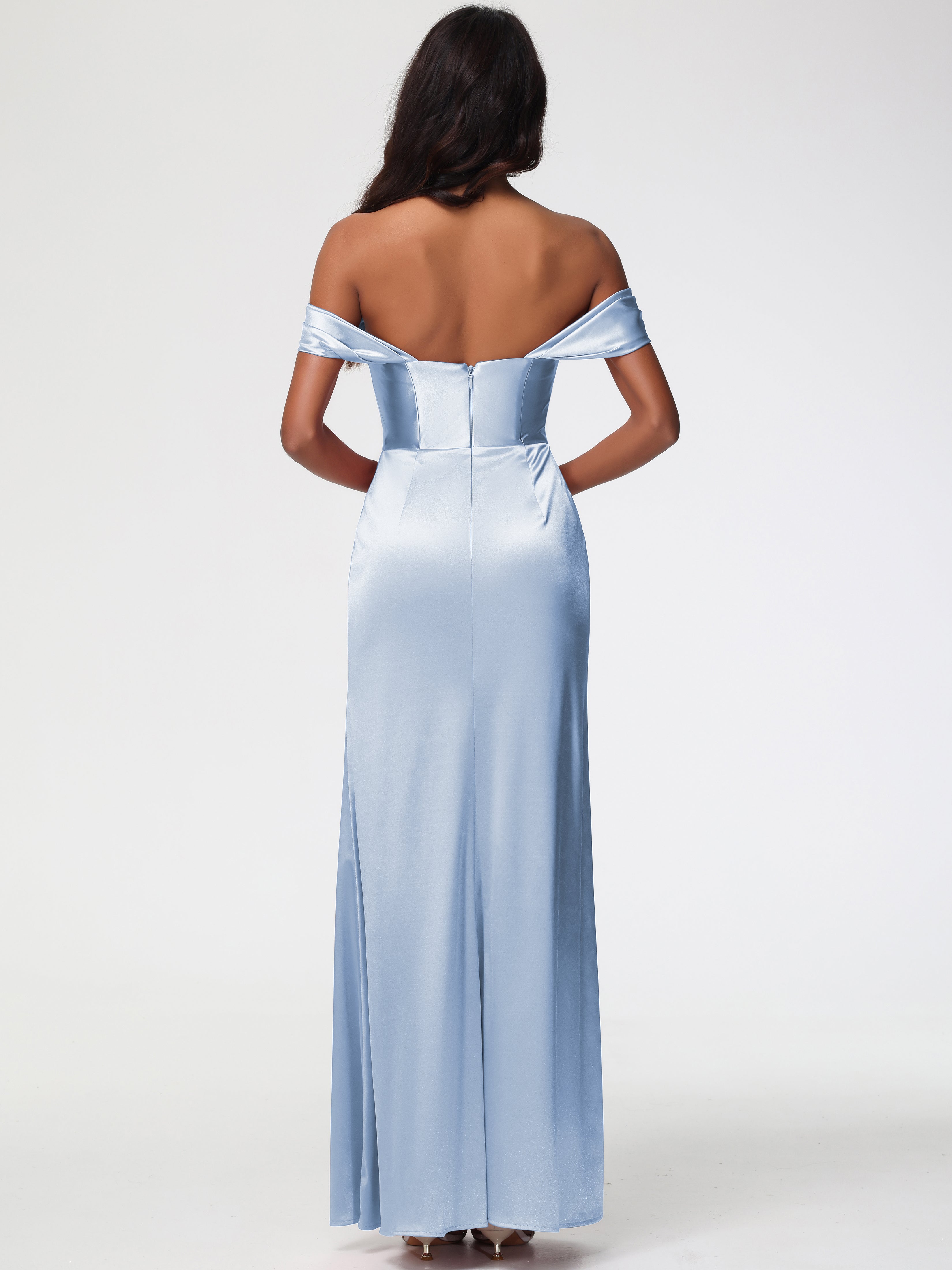 Robe Demoiselle D Honneur Bleue Ciel Satin Extensible Robe Fourreau Demoiselle D Honneur Epaule Dénudée