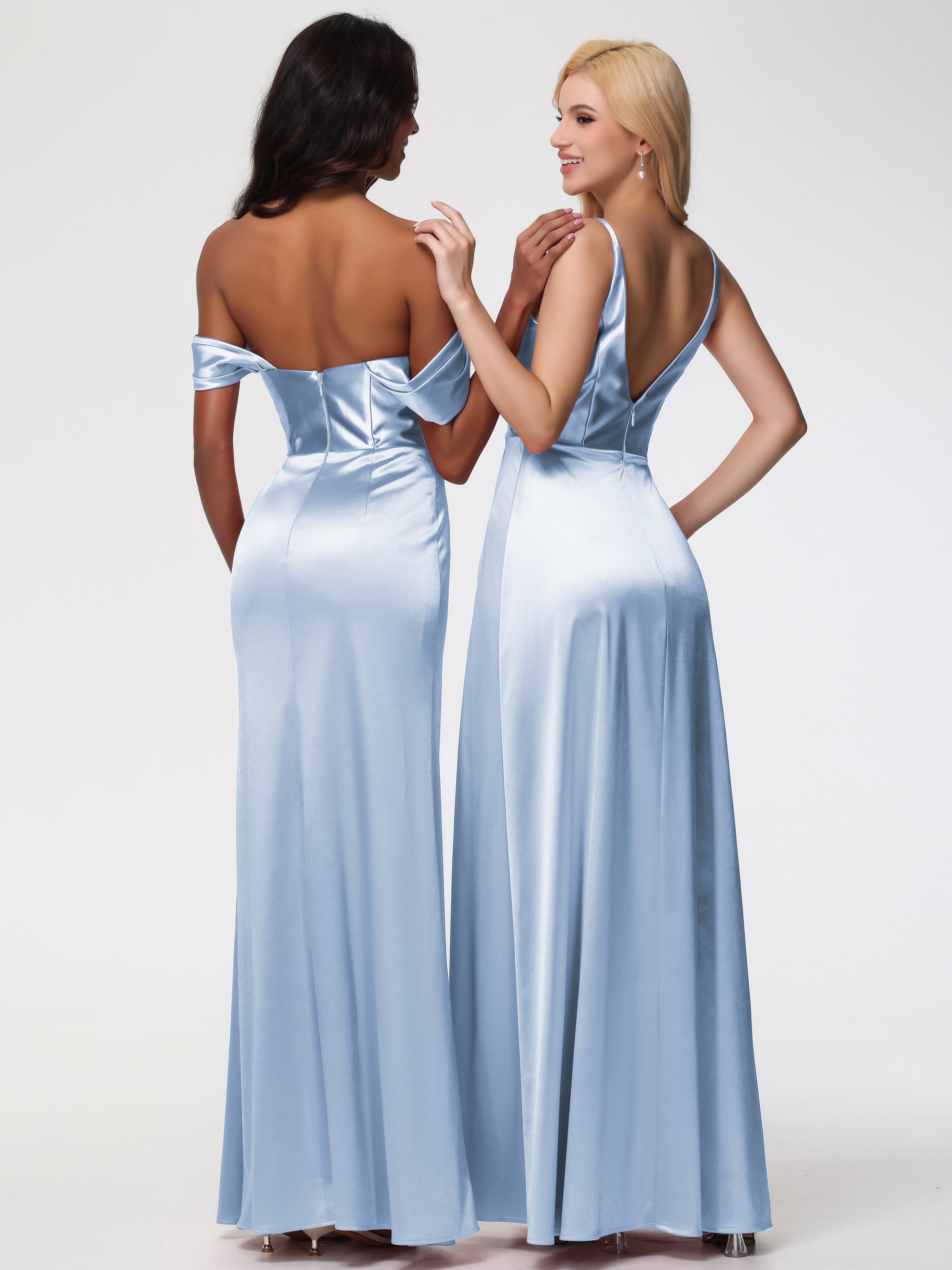 Robe Demoiselle D Honneur Bleue Ciel Satin Extensible Robe Fourreau Demoiselle D Honneur Epaule Dénudée