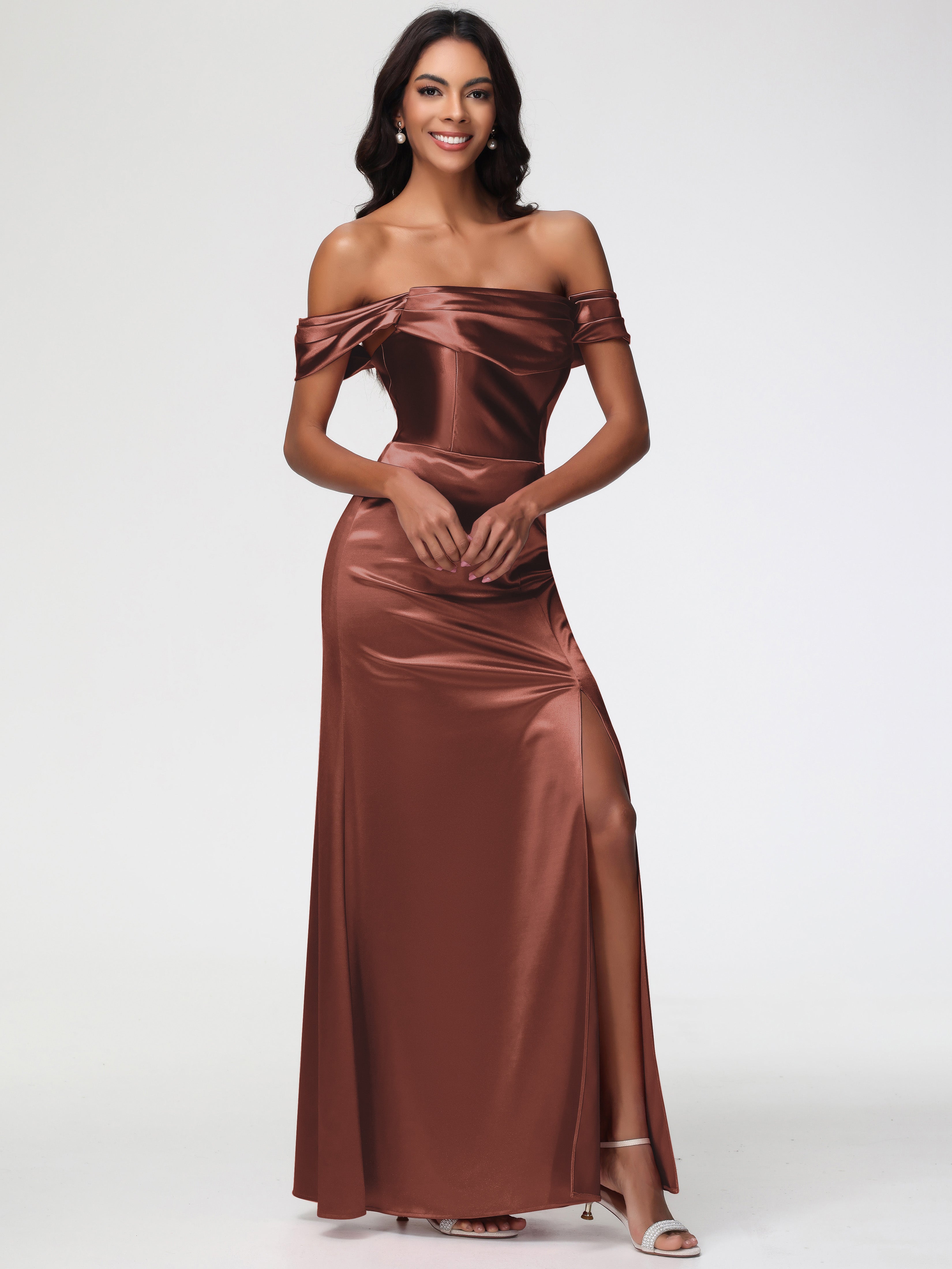 Rouille Robe Demoiselle D Honneur Terracotta Satin Extensible Robe Fourreau Demoiselle D Honneur Epaule Dénudée