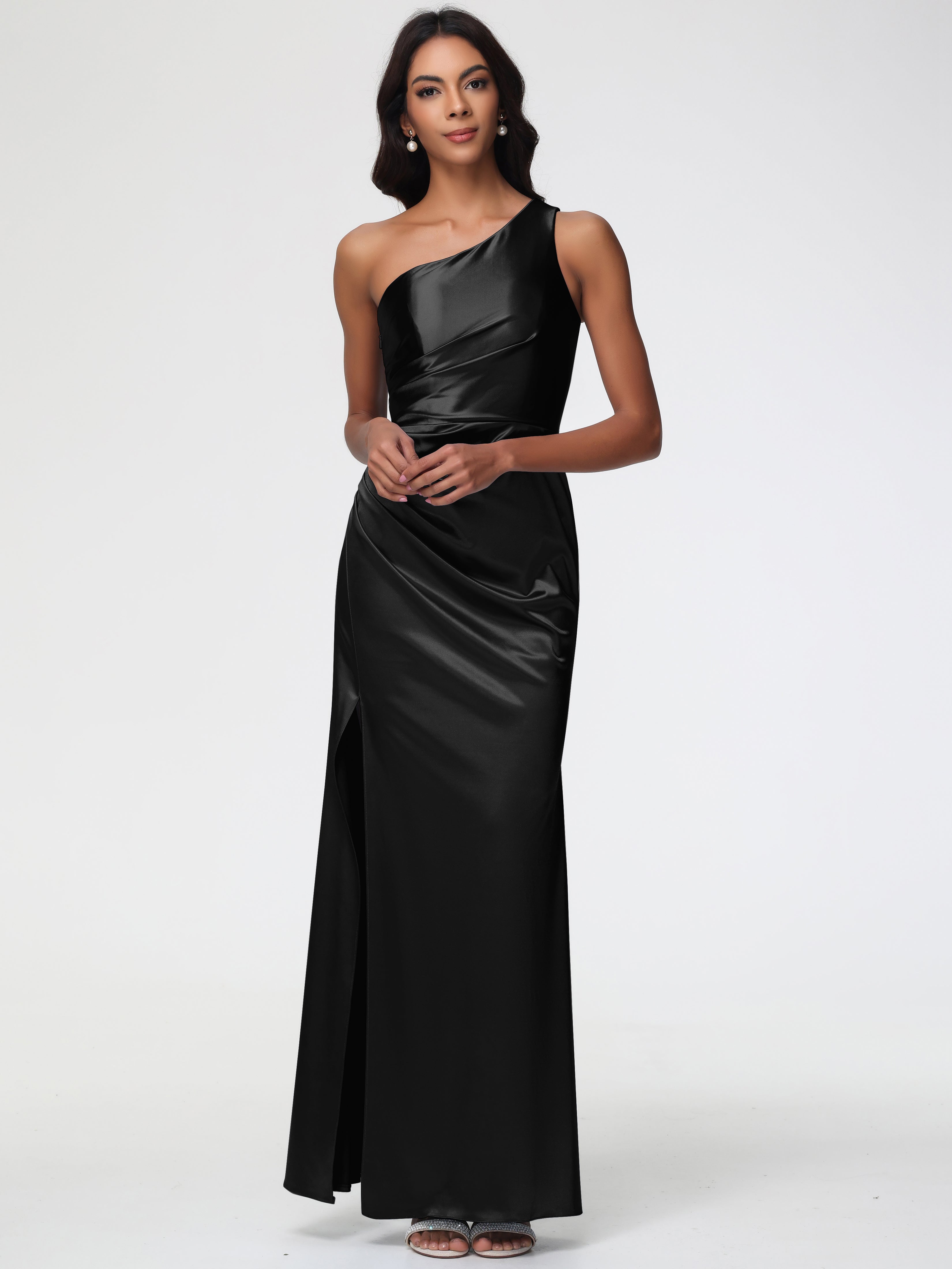 Robe Noir Demoiselle D Honneur Seule-Épaule Satin Extensible Robe Fourreau Demoiselle D Honneur