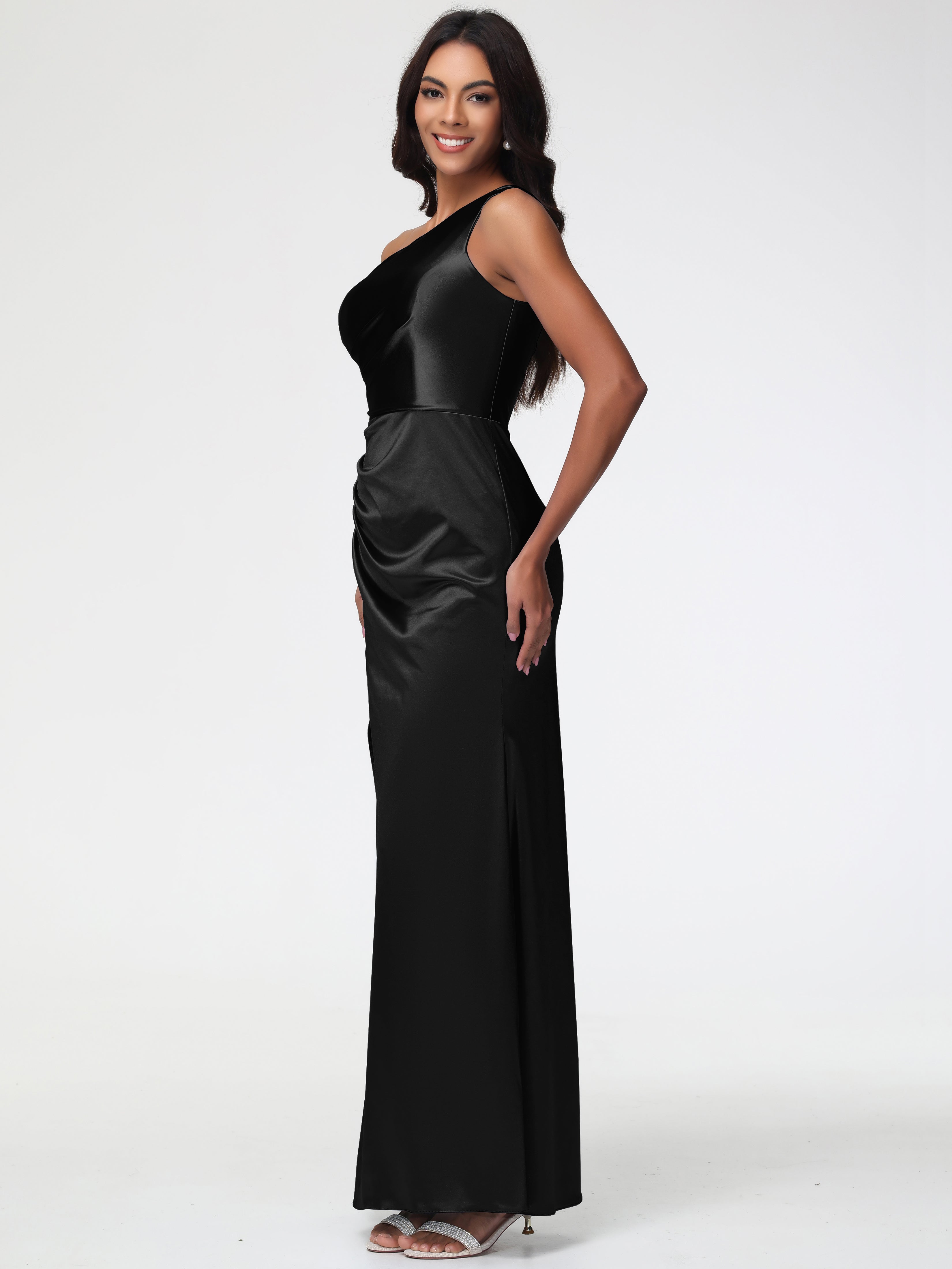 Robe Noir Demoiselle D Honneur Seule-Épaule Satin Extensible Robe Fourreau Demoiselle D Honneur