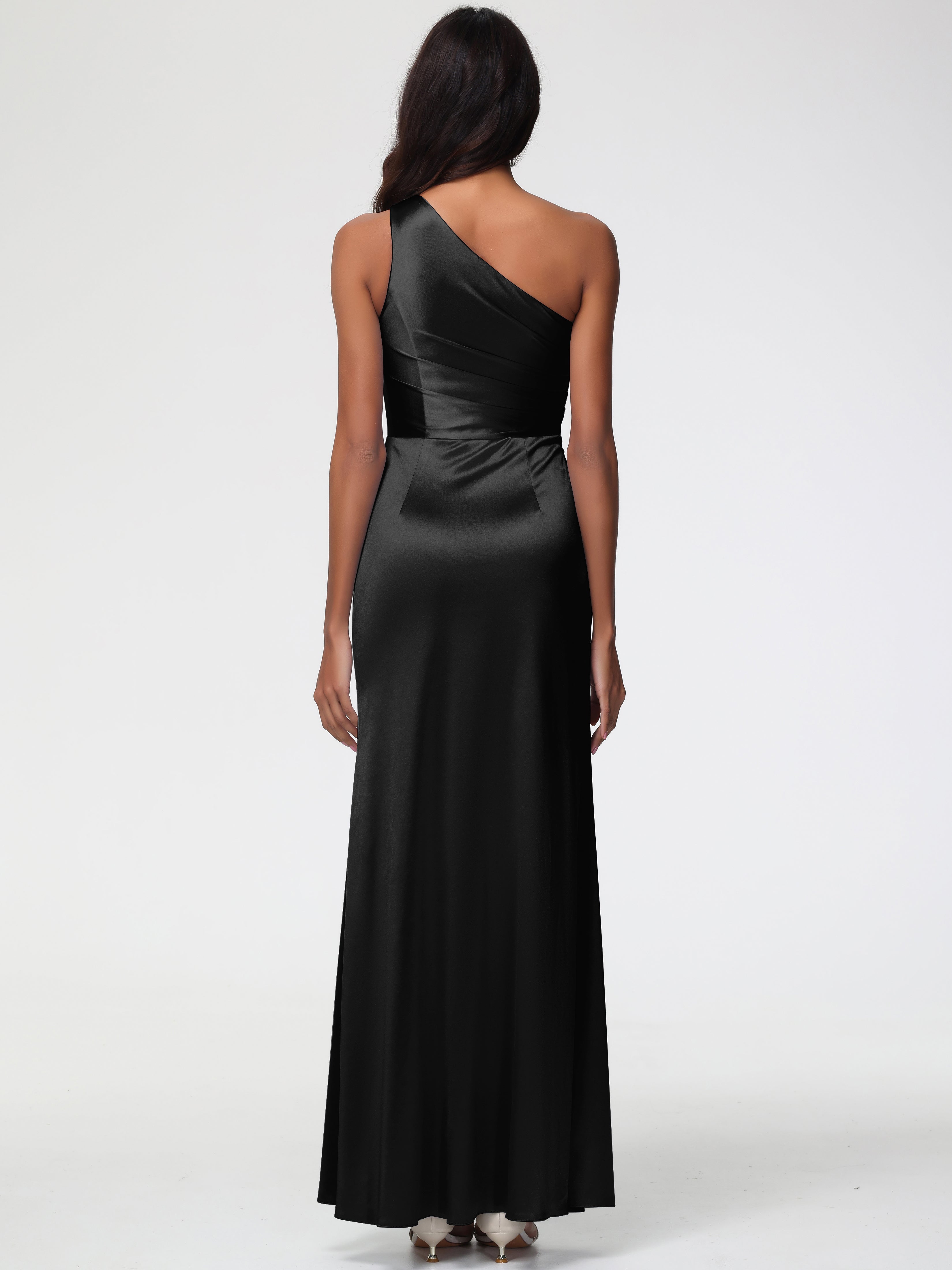 Robe Noir Demoiselle D Honneur Seule-Épaule Satin Extensible Robe Fourreau Demoiselle D Honneur