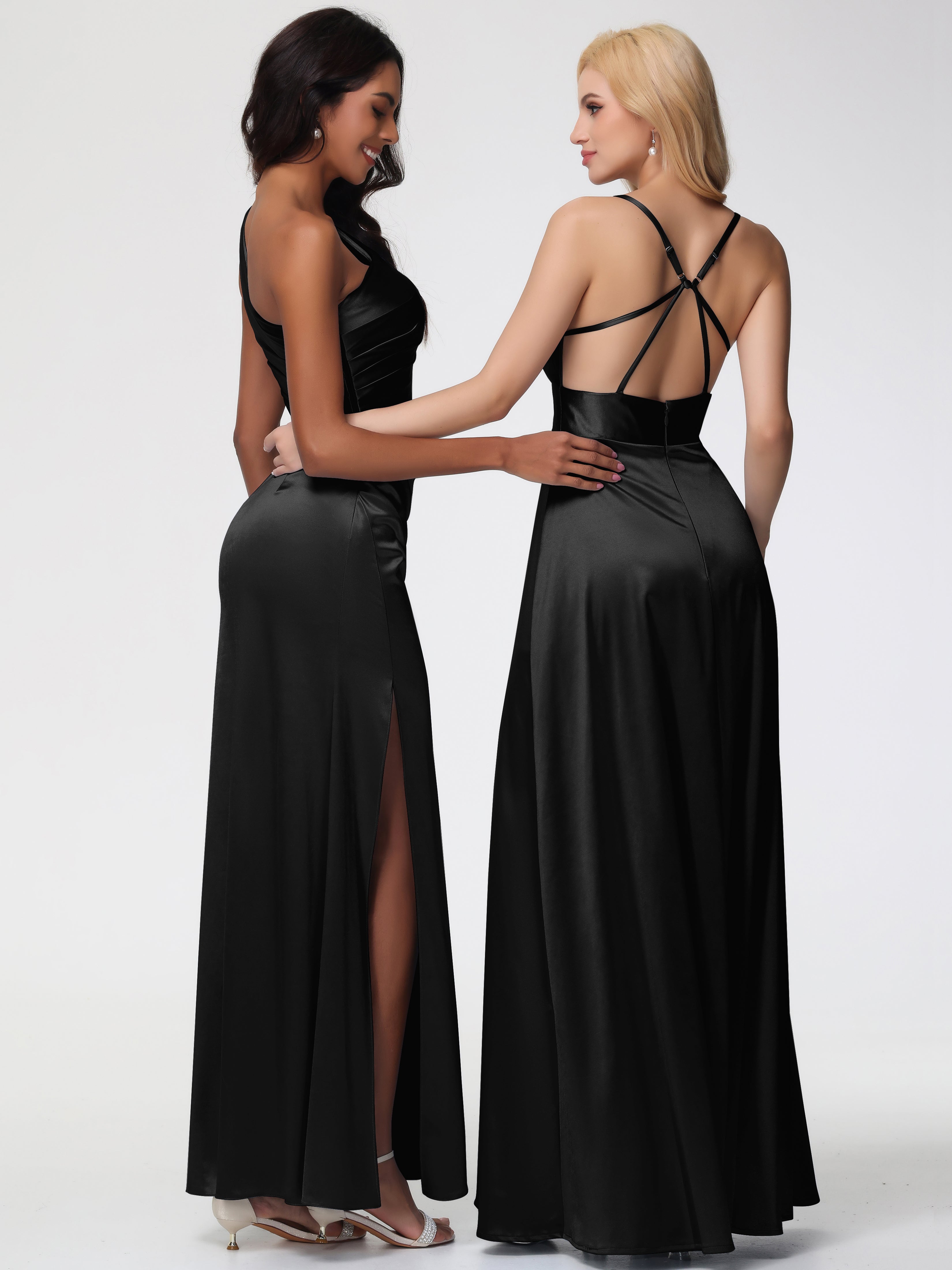 Robe Noir Demoiselle D Honneur Seule-Épaule Satin Extensible Robe Fourreau Demoiselle D Honneur