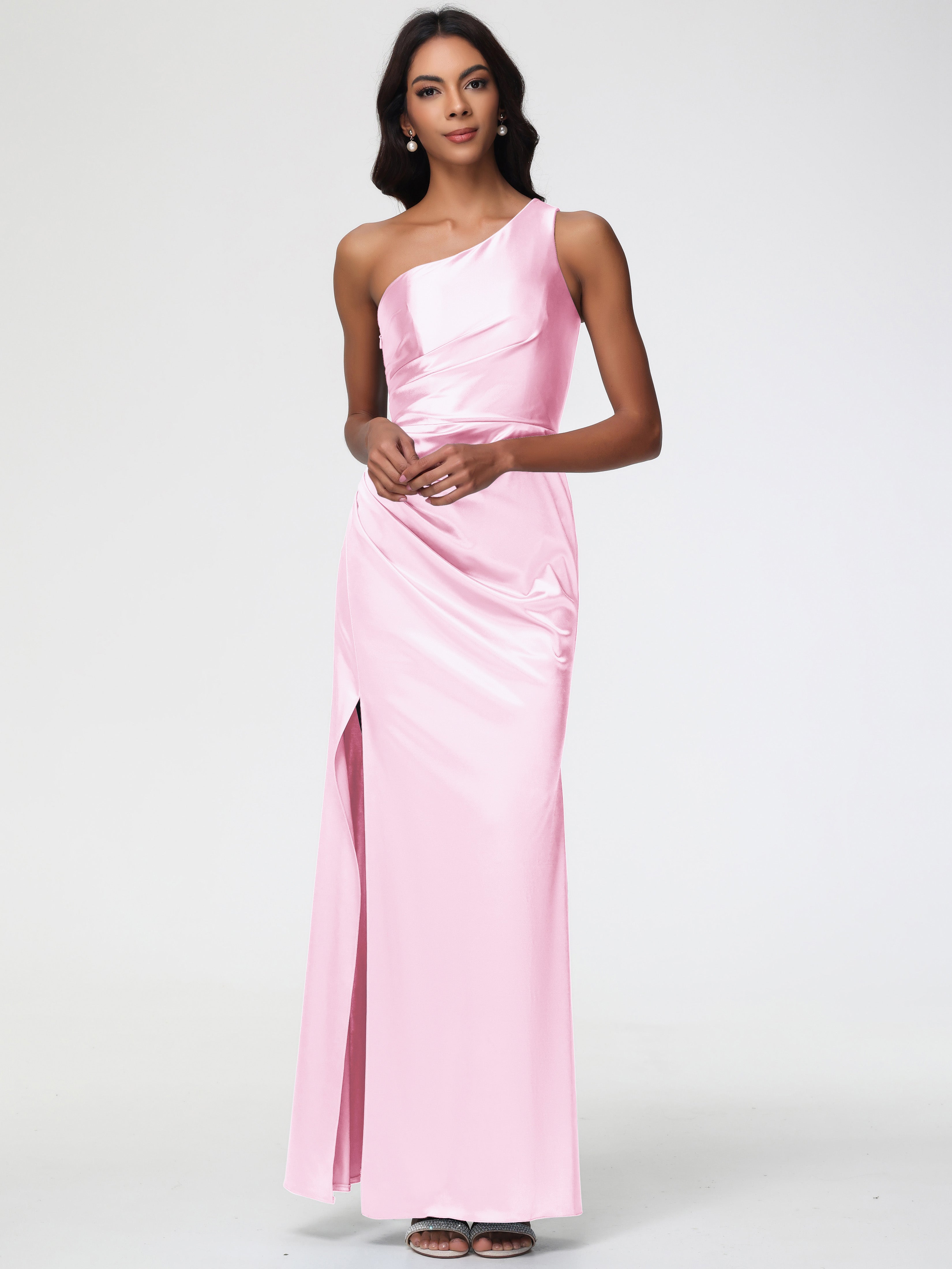 Demoiselle D Honneur Rose Pale Seule-Épaule Satin Extensible Robe Fourreau Demoiselle D Honneur