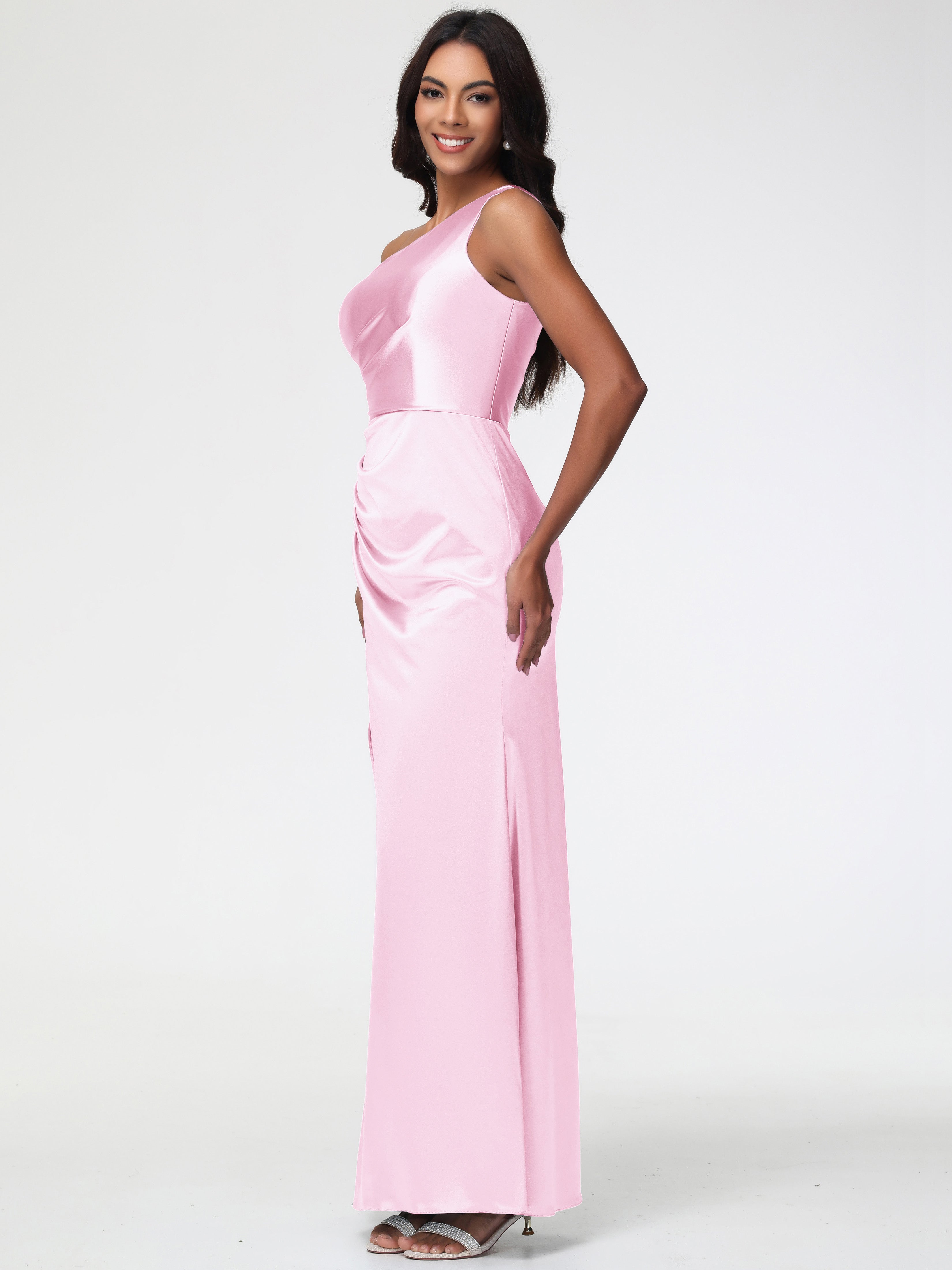 Demoiselle D Honneur Rose Pale Seule-Épaule Satin Extensible Robe Fourreau Demoiselle D Honneur