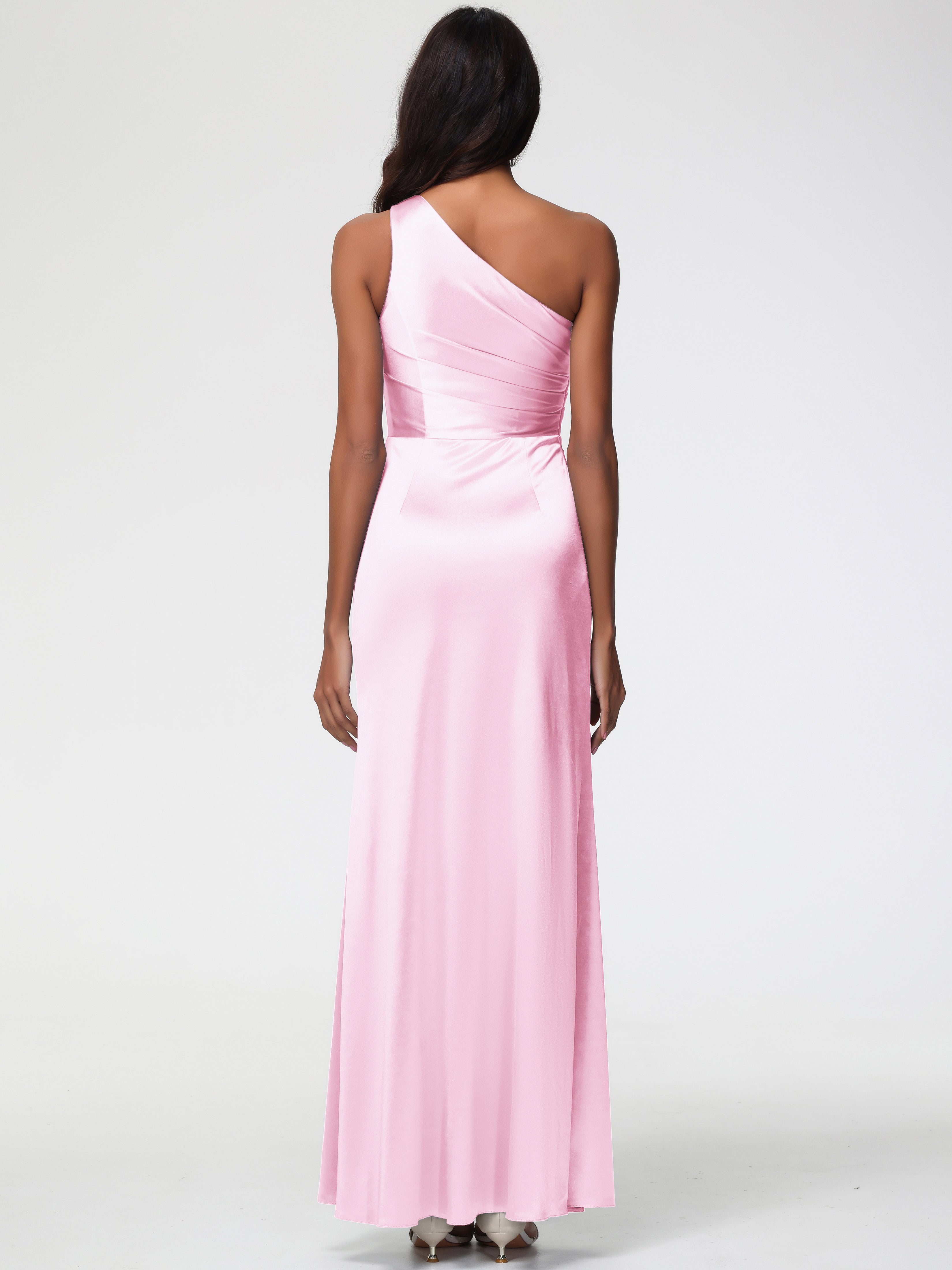 Demoiselle D Honneur Rose Pale Seule-Épaule Satin Extensible Robe Fourreau Demoiselle D Honneur