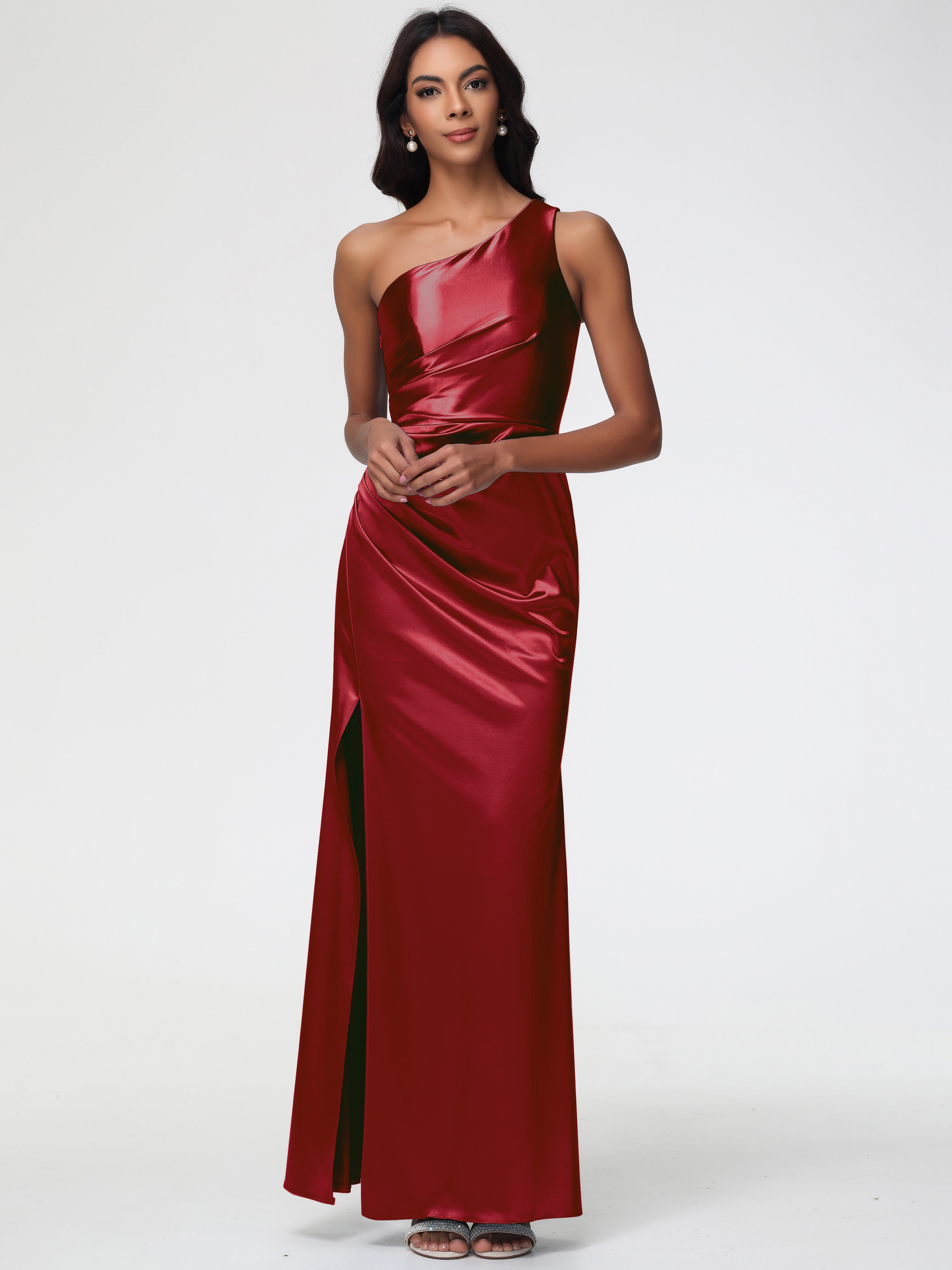 Robes Demoiselle D Honneur Bordeaux Seule-Épaule Satin Extensible Robe Fourreau Demoiselle D Honneur