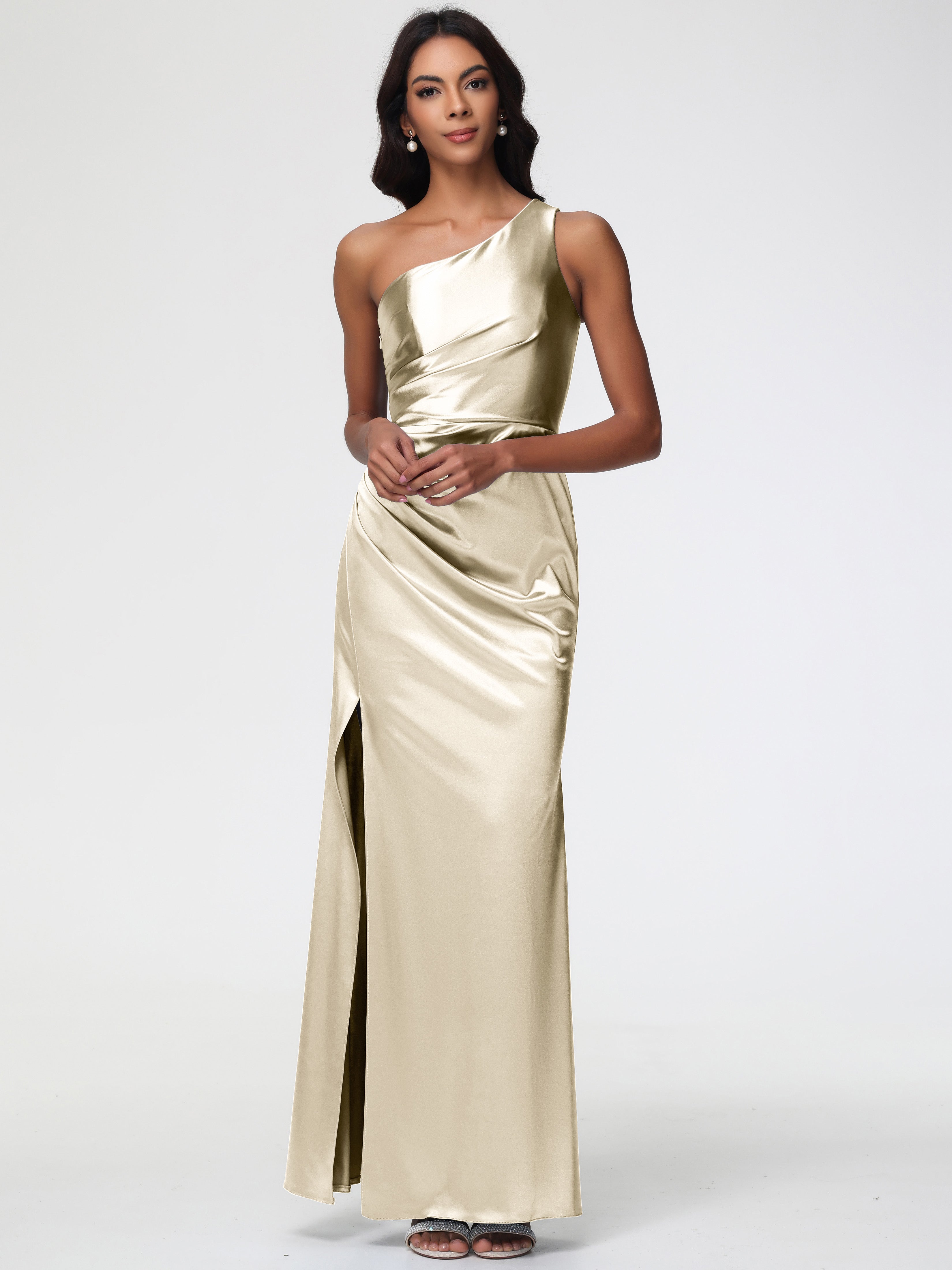 Robe Couleur Champagne Demoiselle D Honneur Seule-Épaule Satin Extensible Robe Fourreau Demoiselle D Honneur