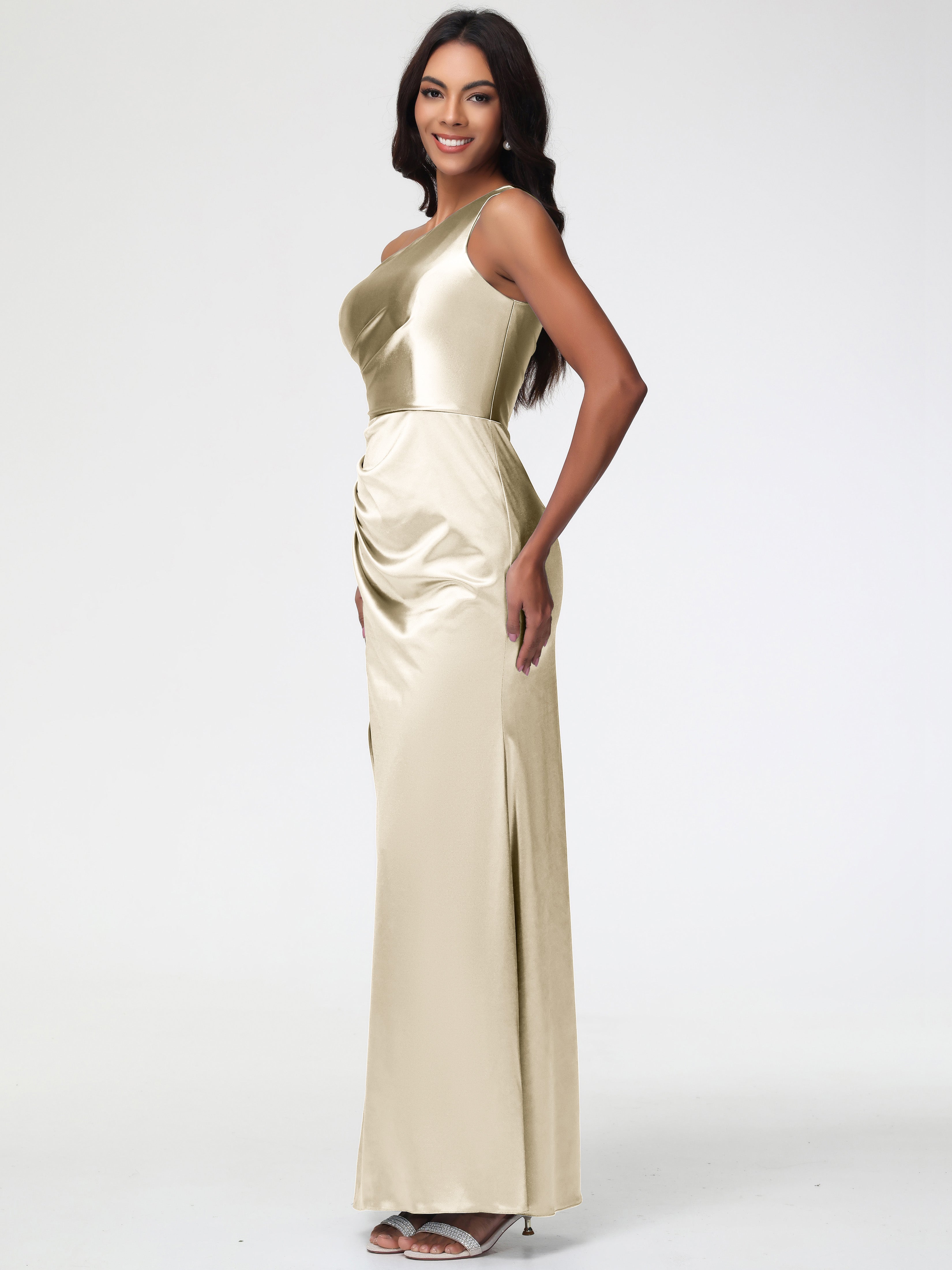 Robe Couleur Champagne Demoiselle D Honneur Seule-Épaule Satin Extensible Robe Fourreau Demoiselle D Honneur