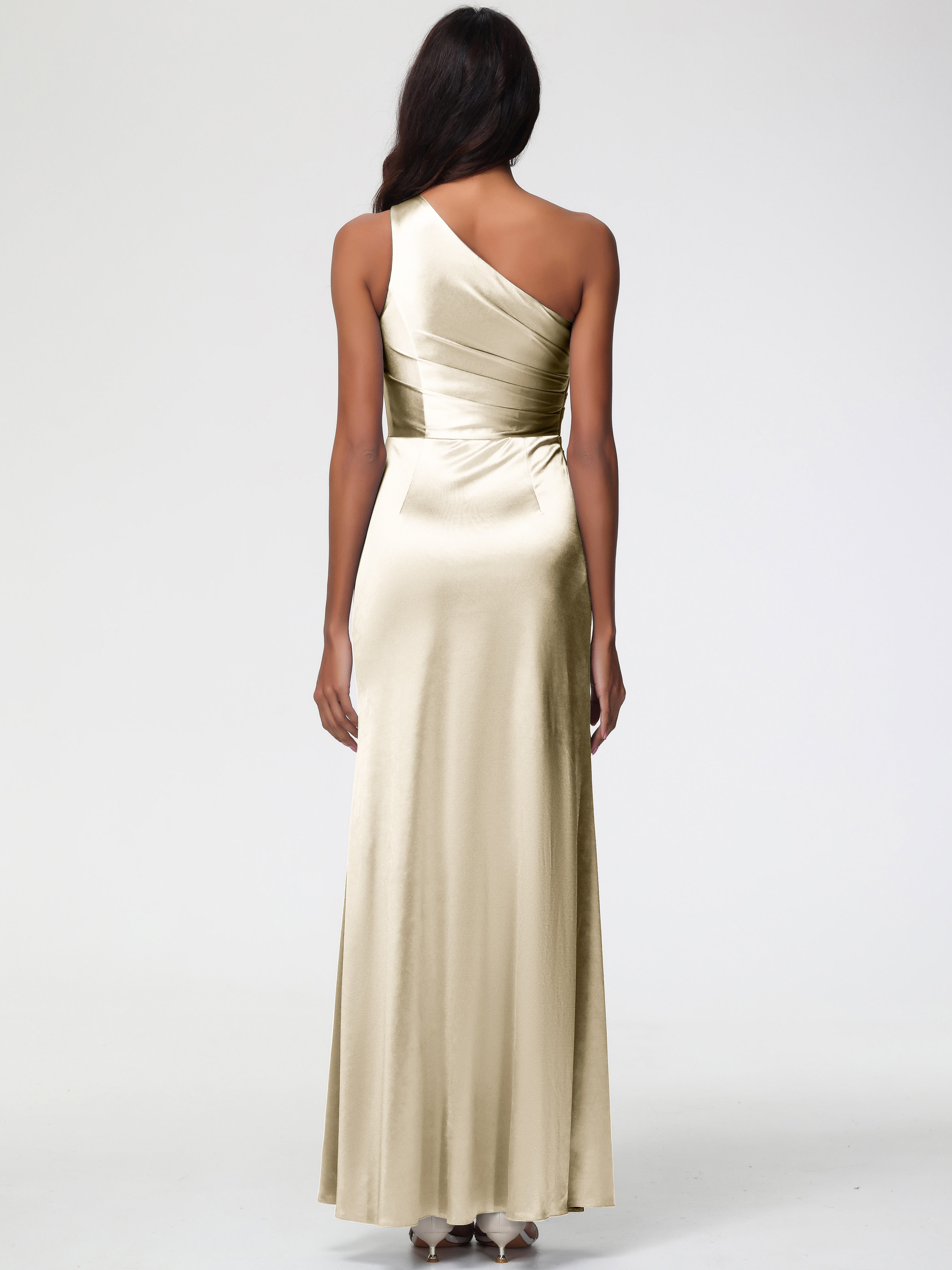 Robe Couleur Champagne Demoiselle D Honneur Seule-Épaule Satin Extensible Robe Fourreau Demoiselle D Honneur