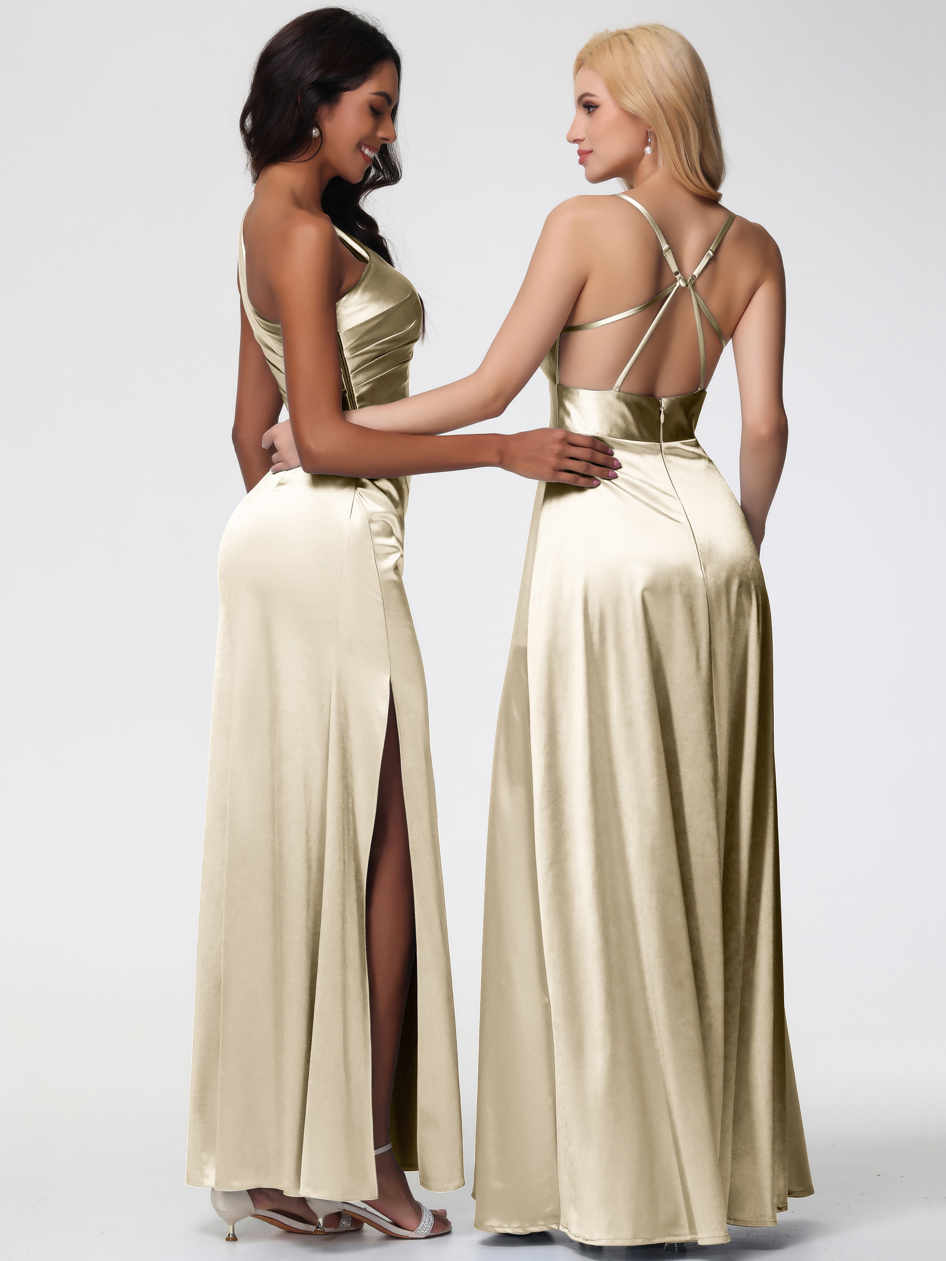 Robe Couleur Champagne Demoiselle D Honneur Seule-Épaule Satin Extensible Robe Fourreau Demoiselle D Honneur