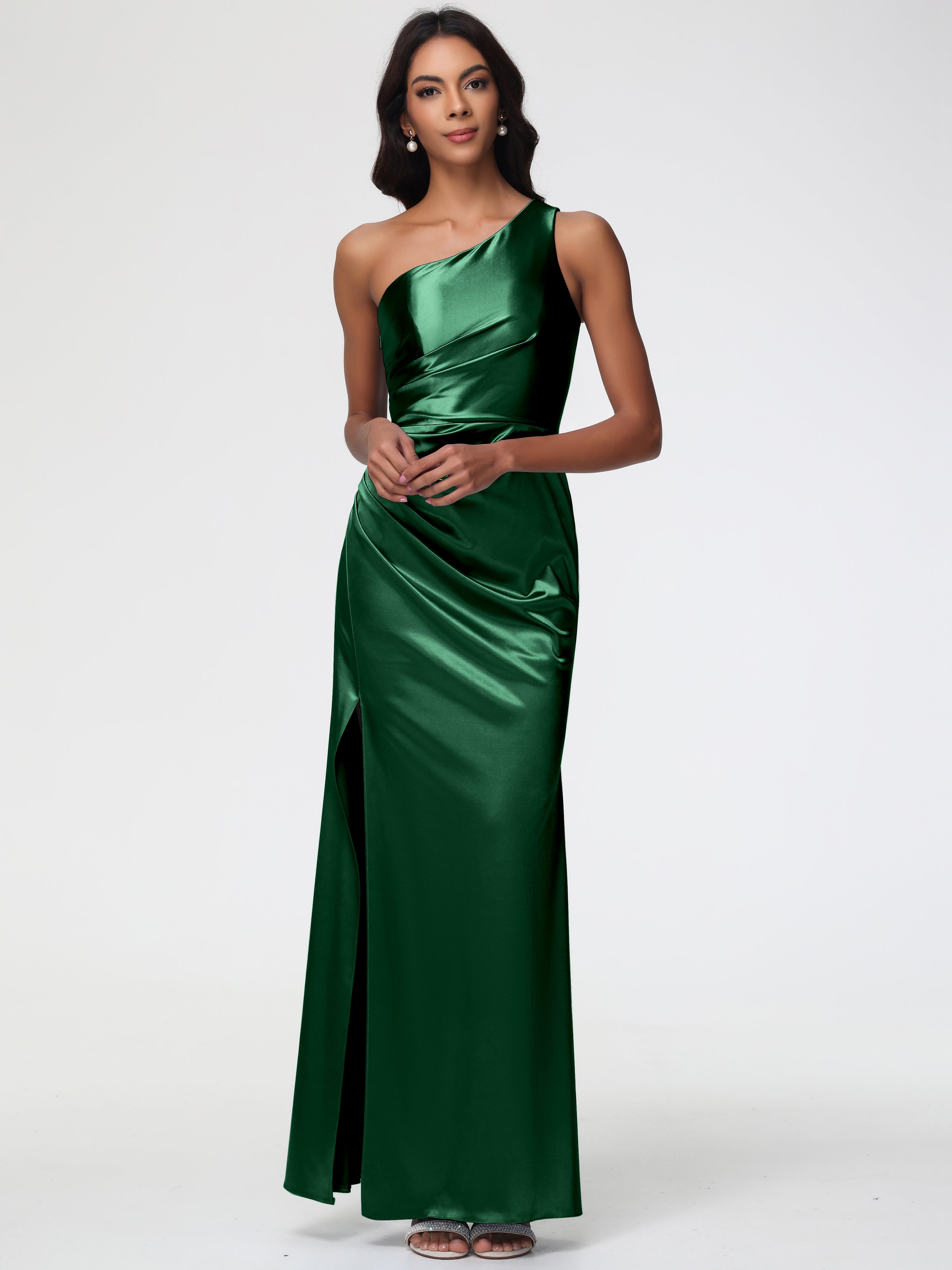 Robe Demoiselle D Honneur Vert Foncé Seule-Épaule Satin Extensible Robe Fourreau Demoiselle D Honneur