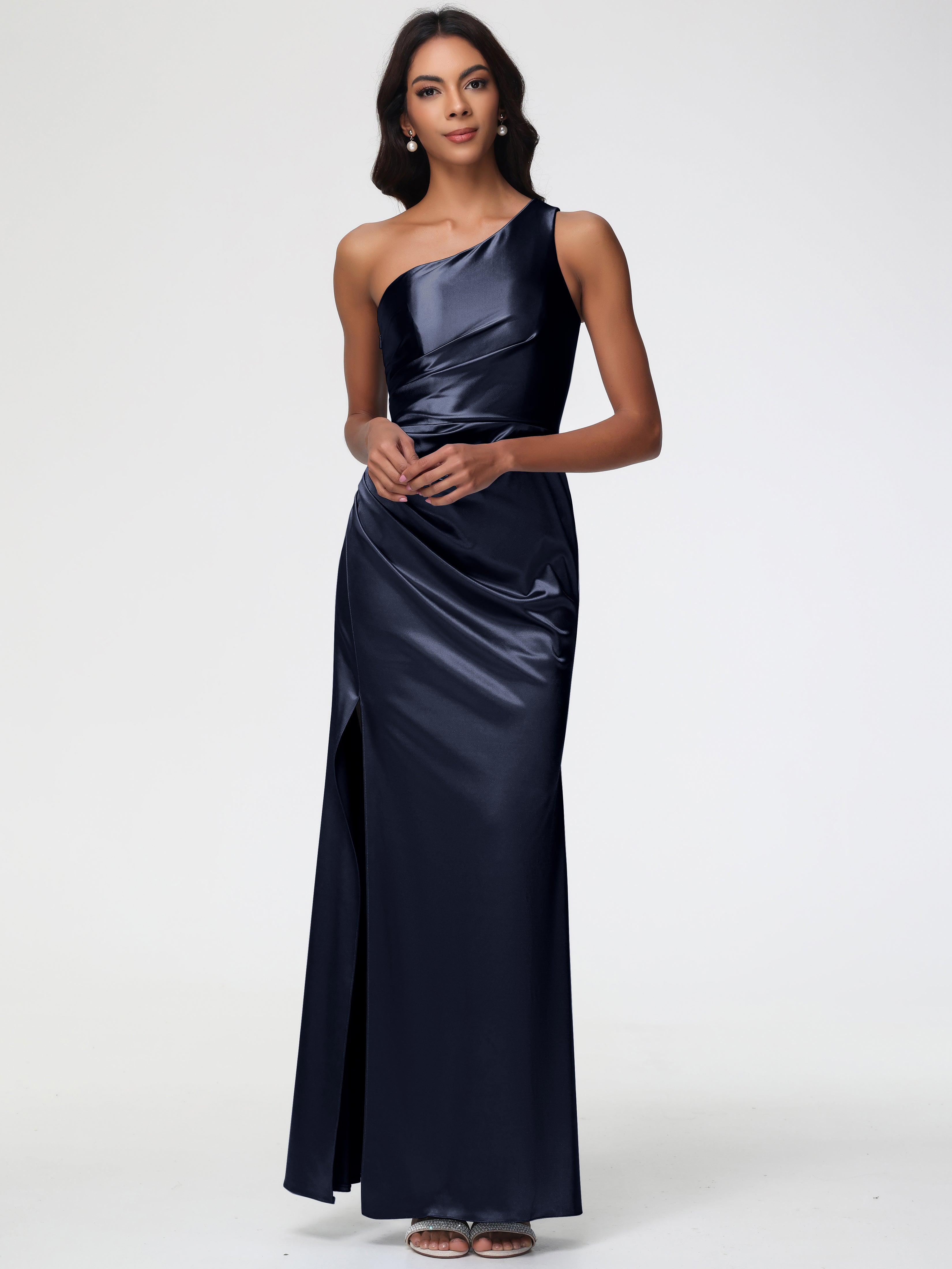 Robe Demoiselle Dhonneur Bleu Marine Seule-Épaule Satin Extensible Robe Fourreau Demoiselle D Honneur