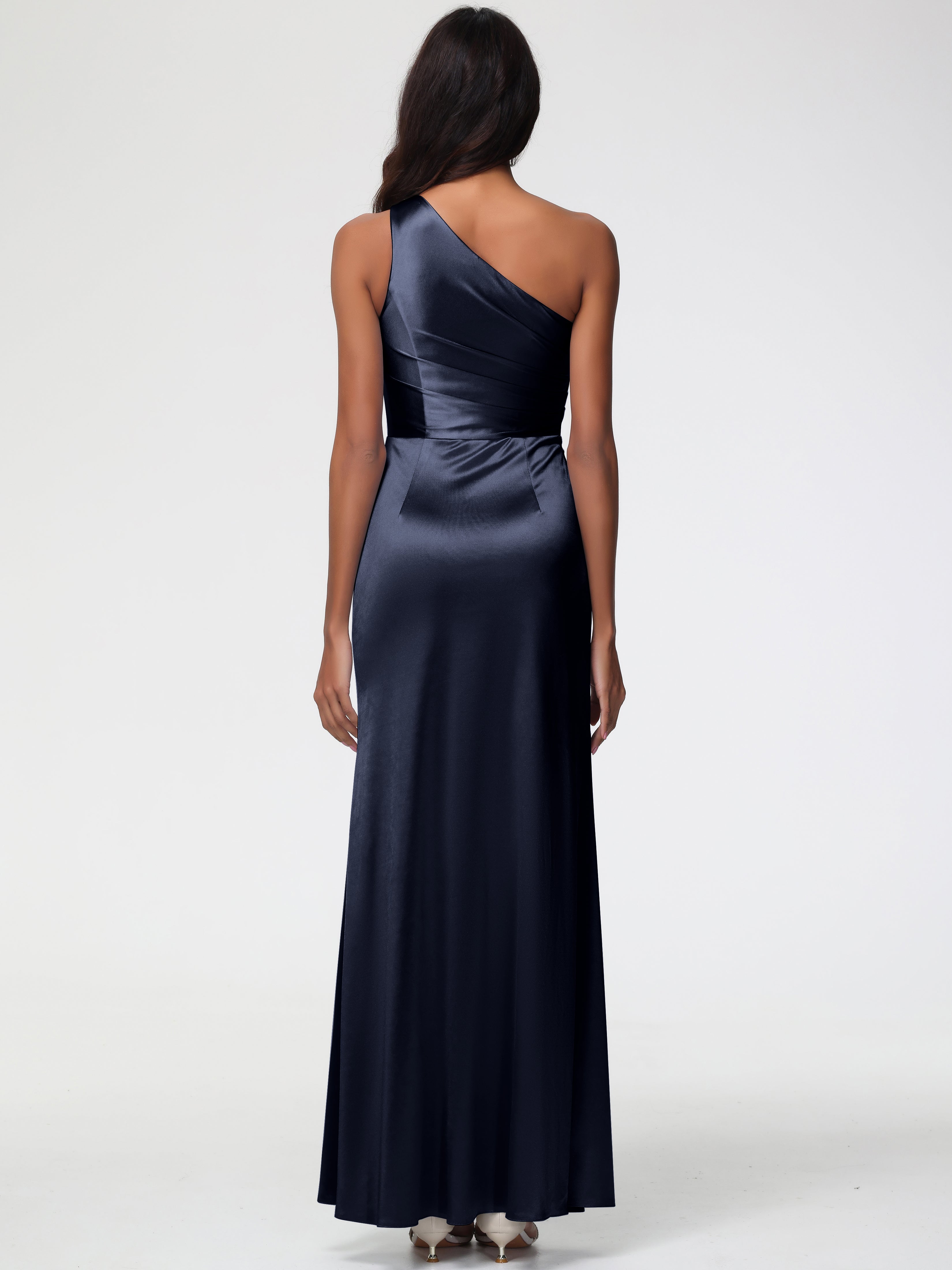 Robe Demoiselle Dhonneur Bleu Marine Seule-Épaule Satin Extensible Robe Fourreau Demoiselle D Honneur