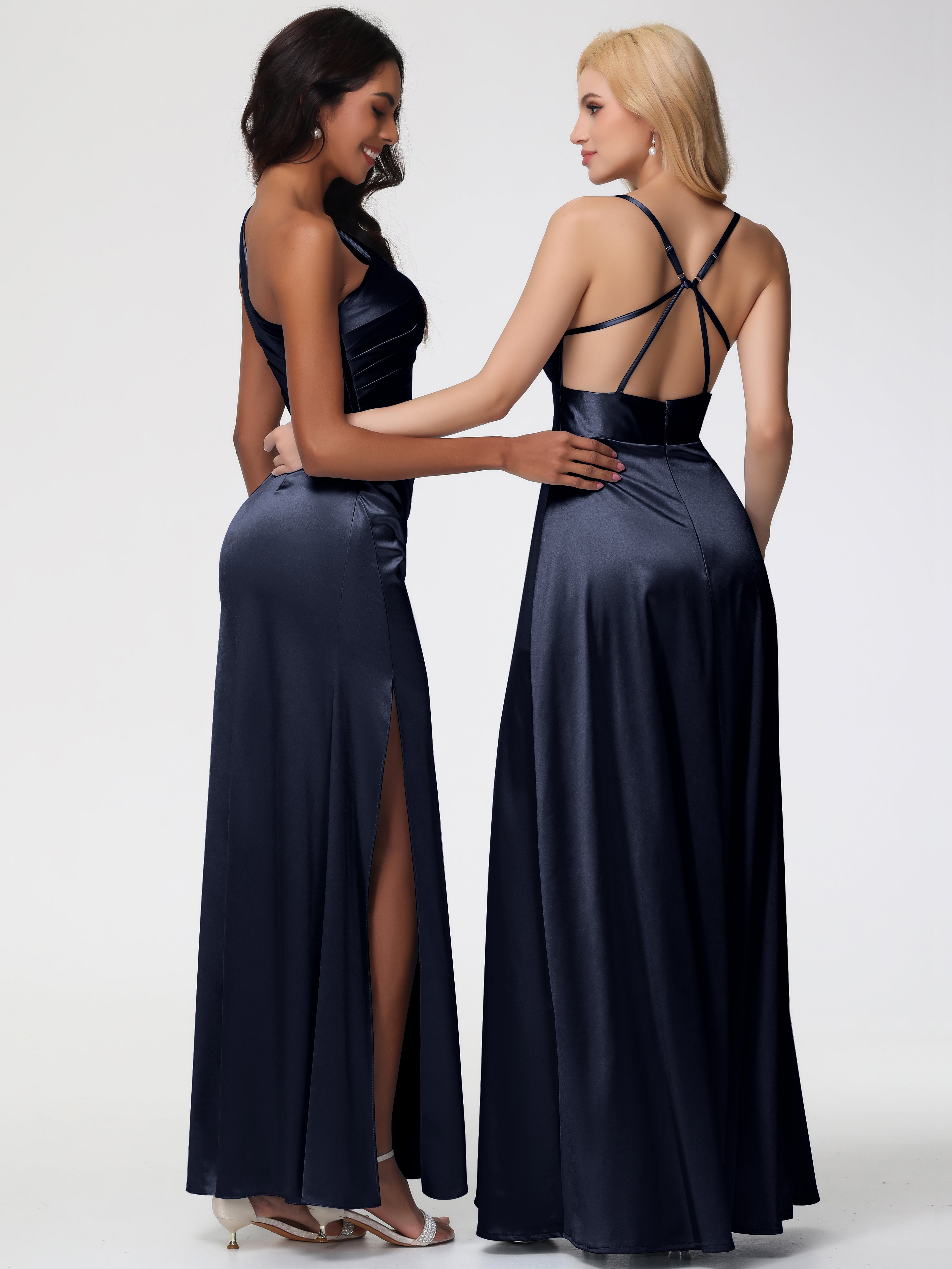 Robe Demoiselle Dhonneur Bleu Marine Seule-Épaule Satin Extensible Robe Fourreau Demoiselle D Honneur