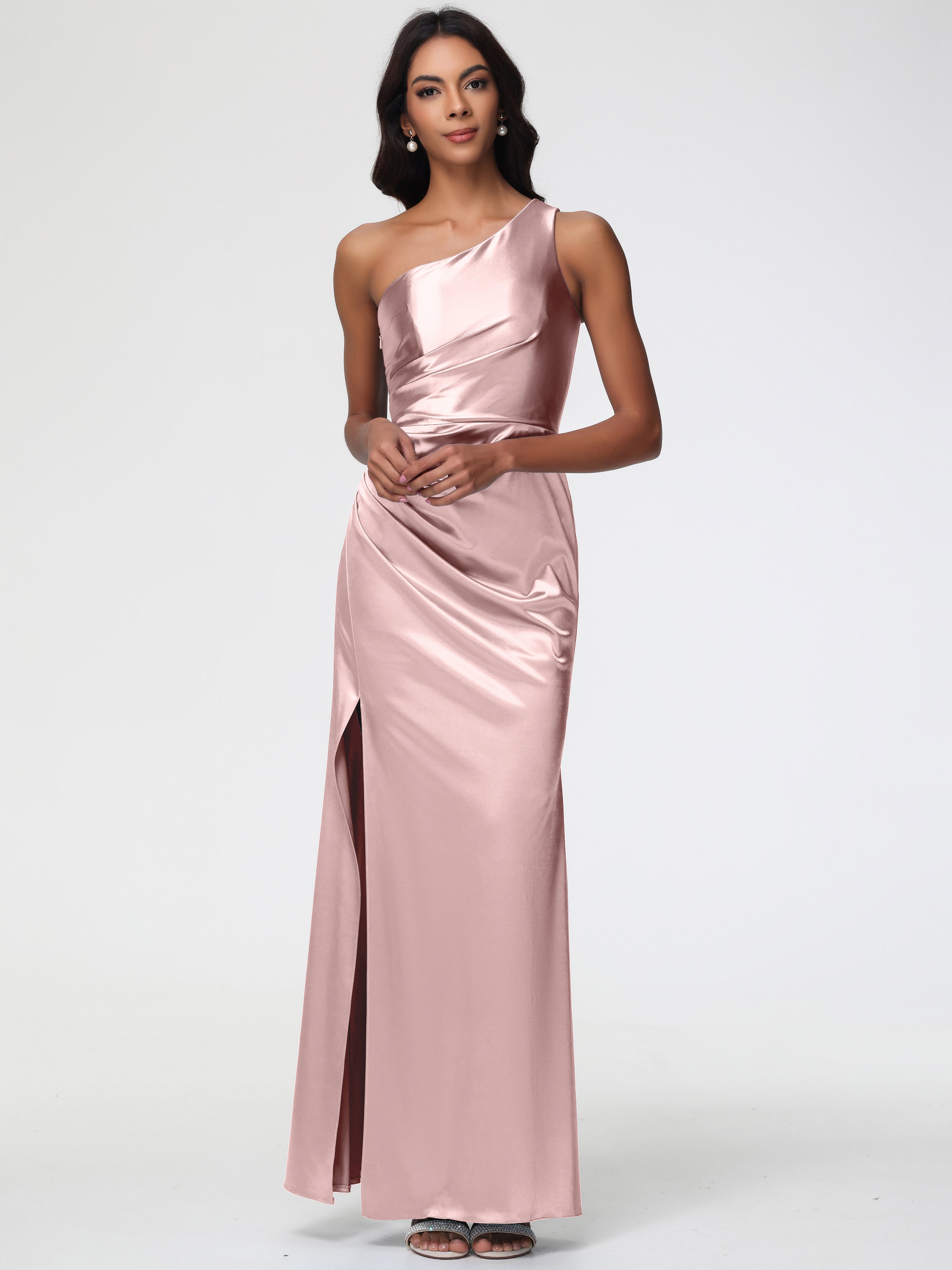 Robe De Demoiselle D Honneur Rose Poudré Seule-Épaule Satin Extensible Robe Fourreau Demoiselle D Honneur