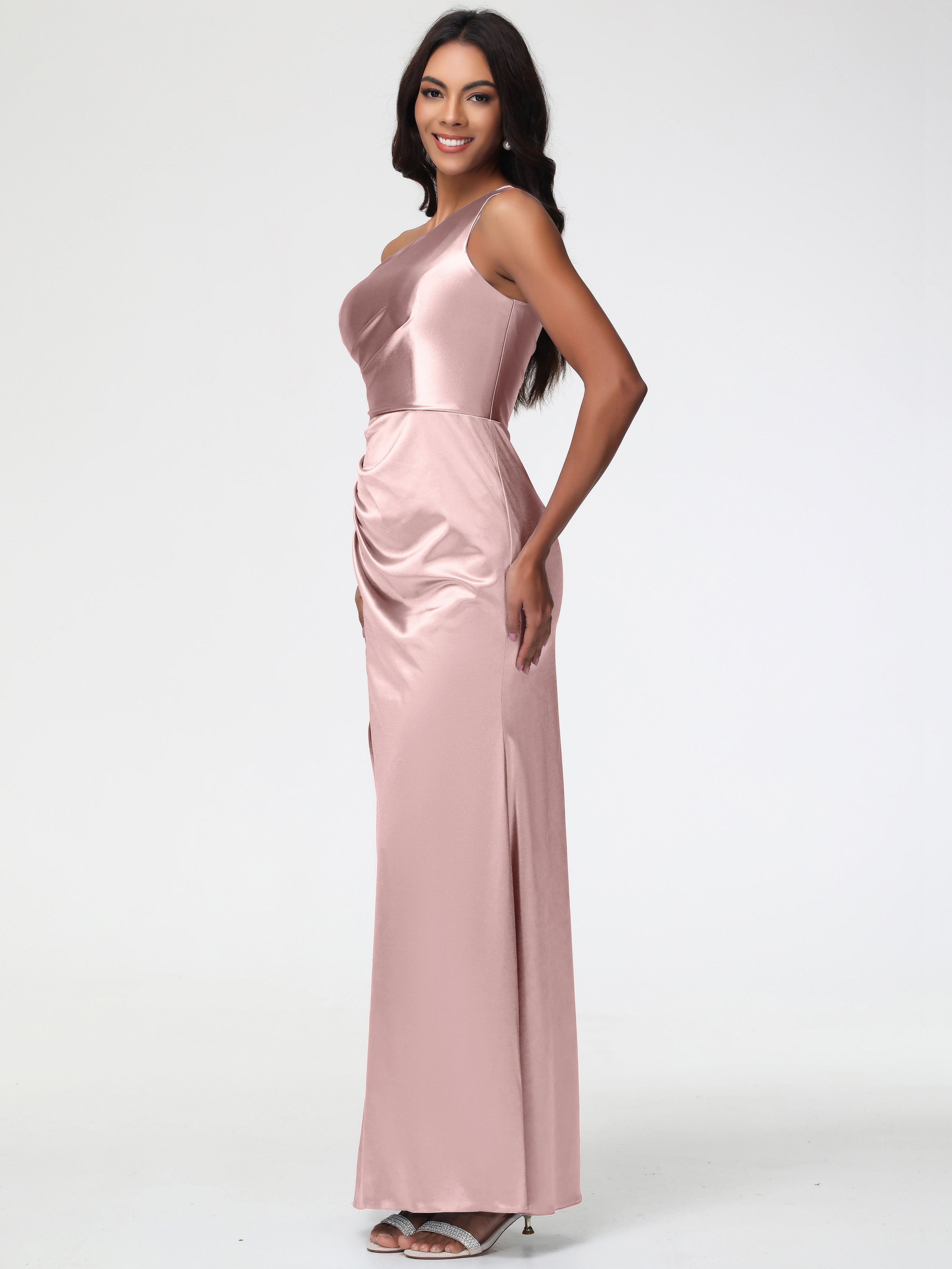 Robe De Demoiselle D Honneur Rose Poudré Seule-Épaule Satin Extensible Robe Fourreau Demoiselle D Honneur