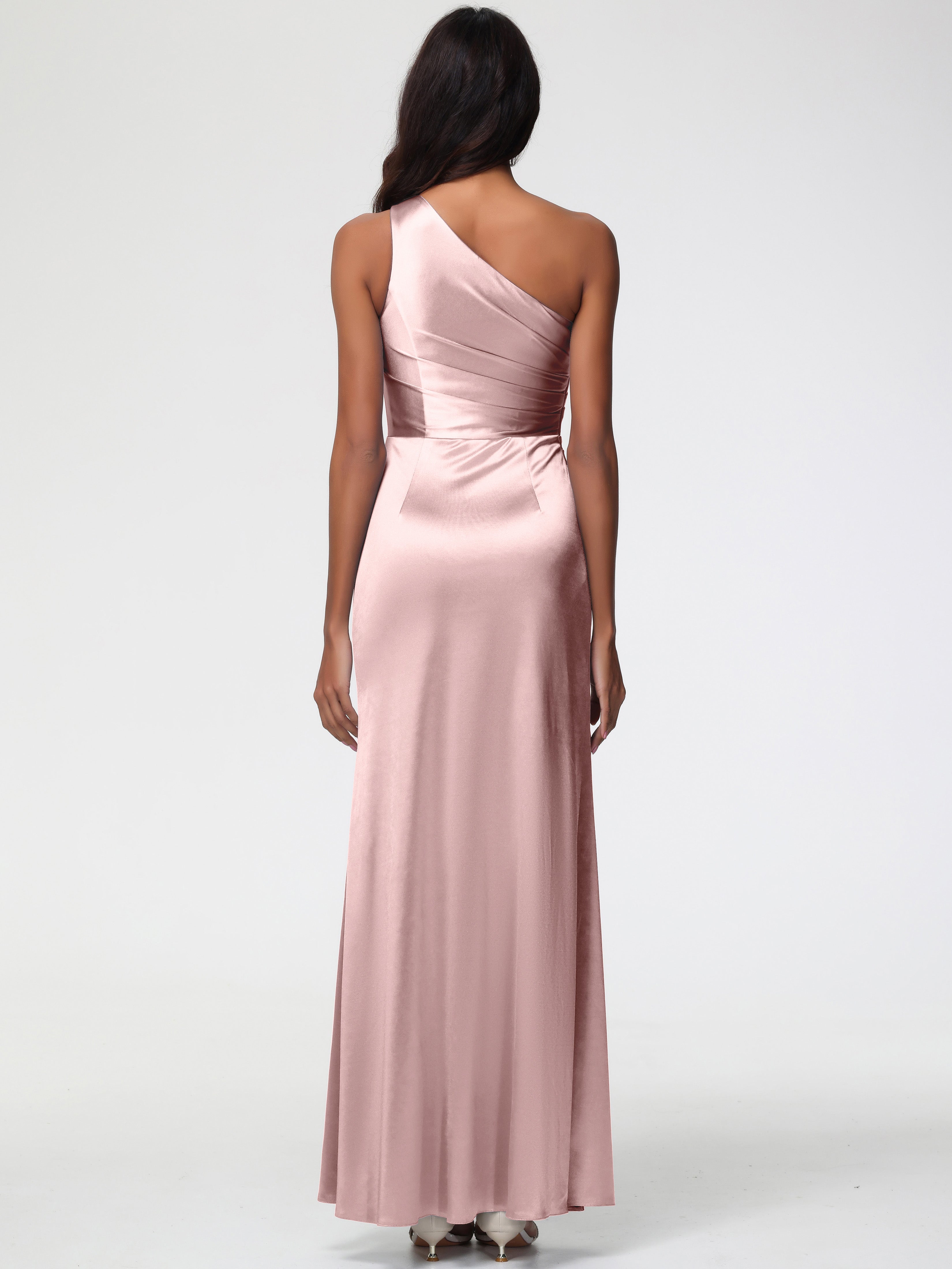 Robe De Demoiselle D Honneur Rose Poudré Seule-Épaule Satin Extensible Robe Fourreau Demoiselle D Honneur