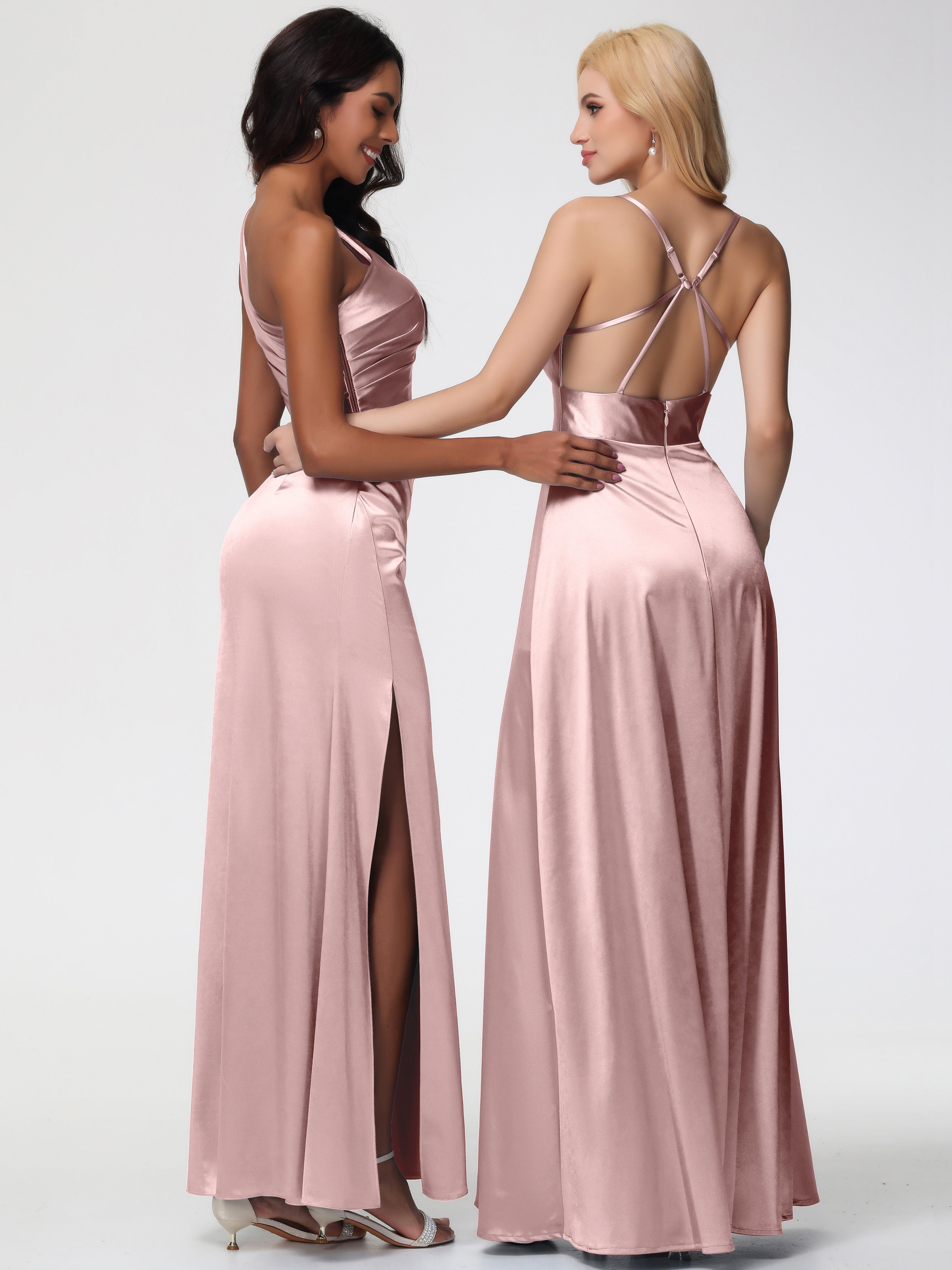 Robe De Demoiselle D Honneur Rose Poudré Seule-Épaule Satin Extensible Robe Fourreau Demoiselle D Honneur