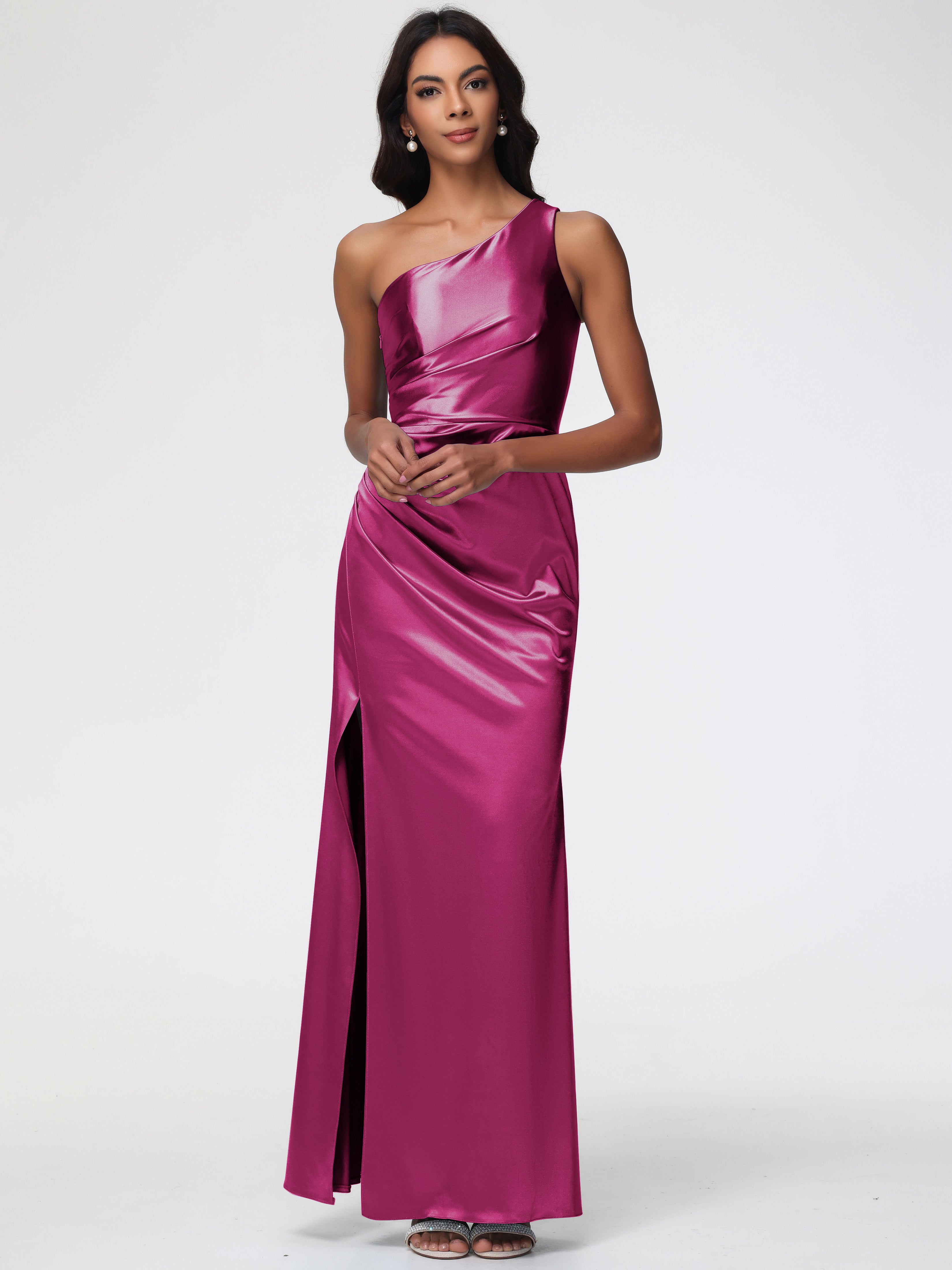 Robes De Demoiselle D'Honneur Rose Fuchsia Seule-Épaule Satin Extensible Robe Fourreau Demoiselle D Honneur