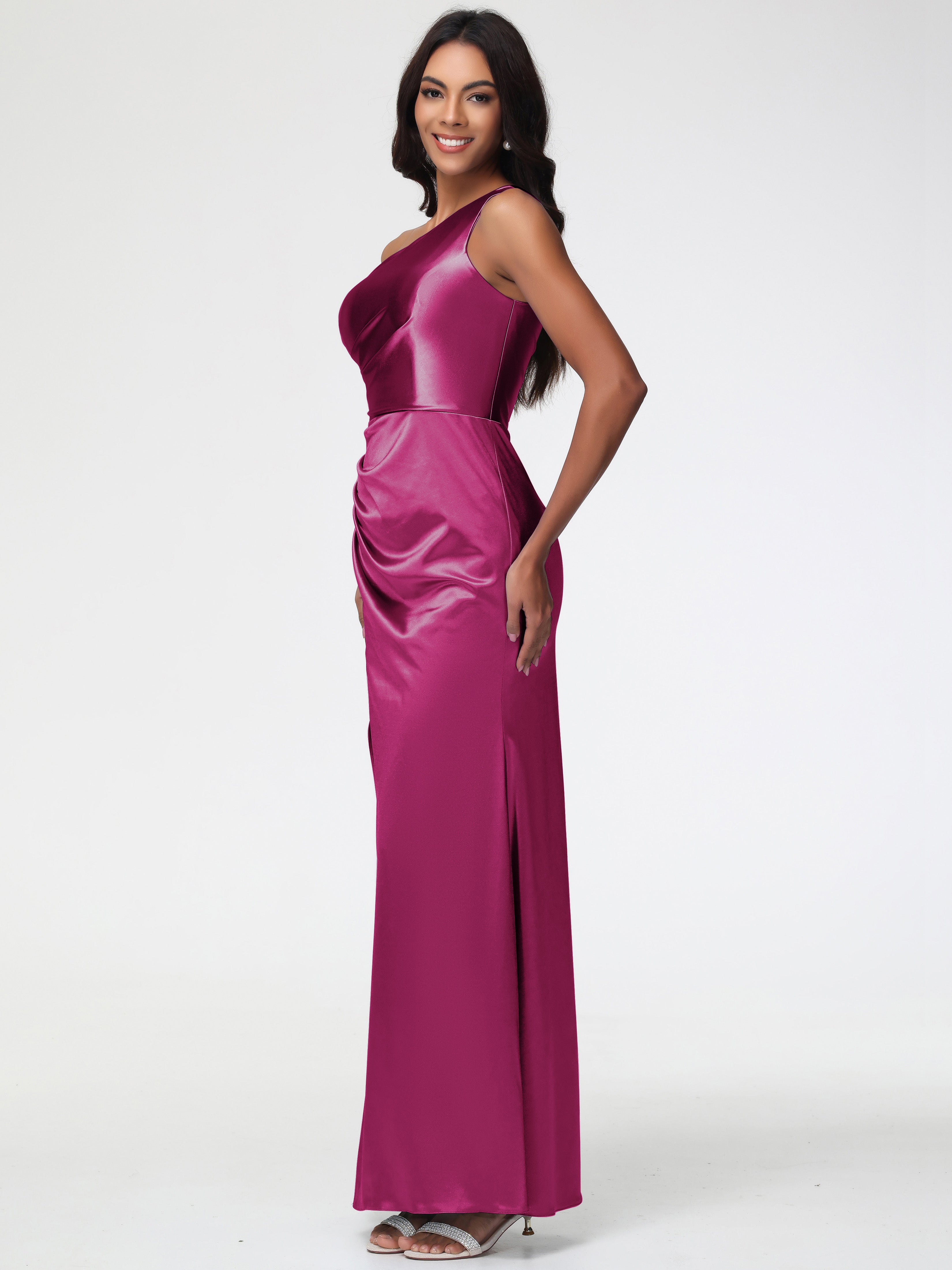 Robes De Demoiselle D'Honneur Rose Fuchsia Seule-Épaule Satin Extensible Robe Fourreau Demoiselle D Honneur