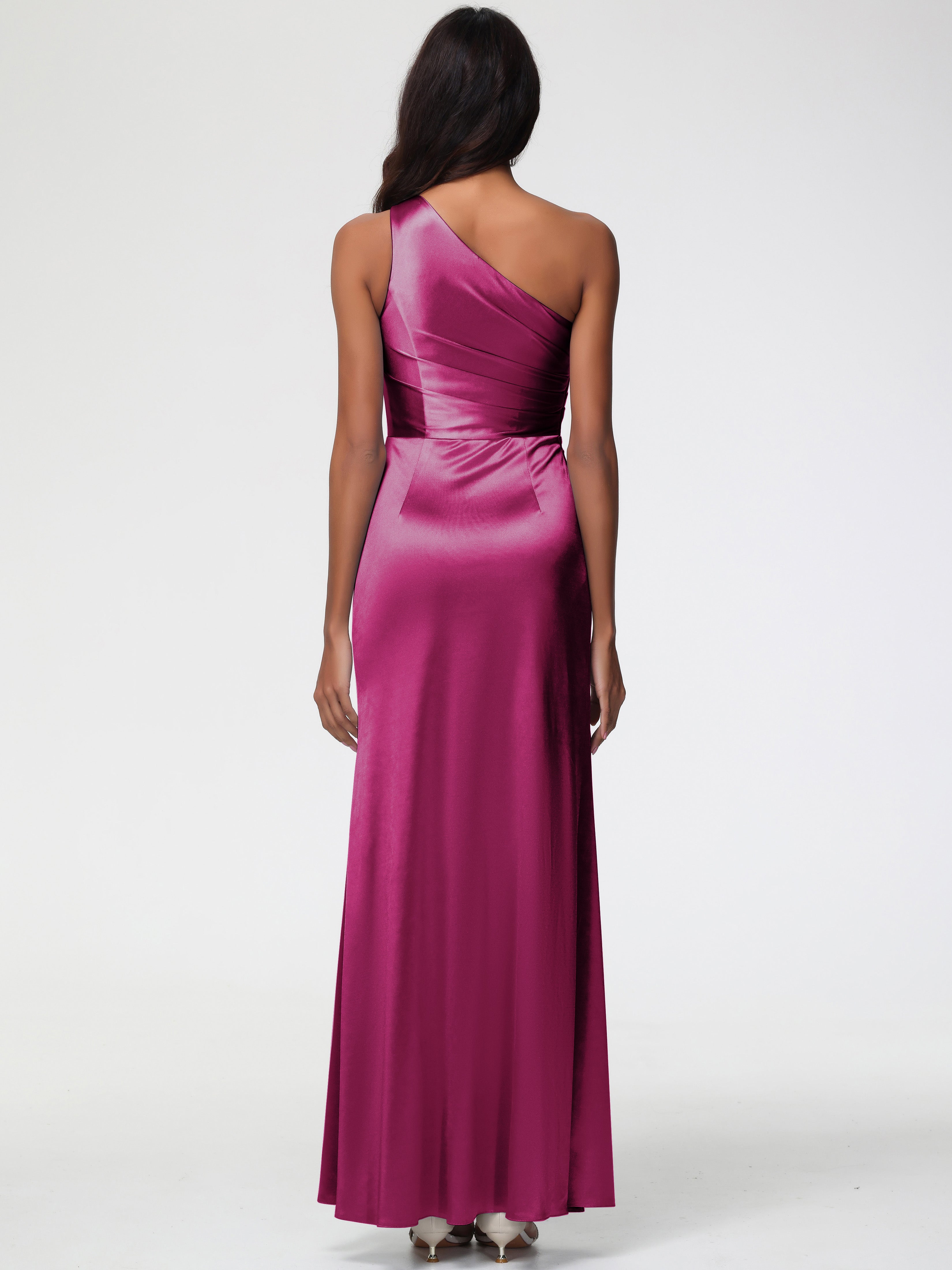 Robes De Demoiselle D'Honneur Rose Fuchsia Seule-Épaule Satin Extensible Robe Fourreau Demoiselle D Honneur