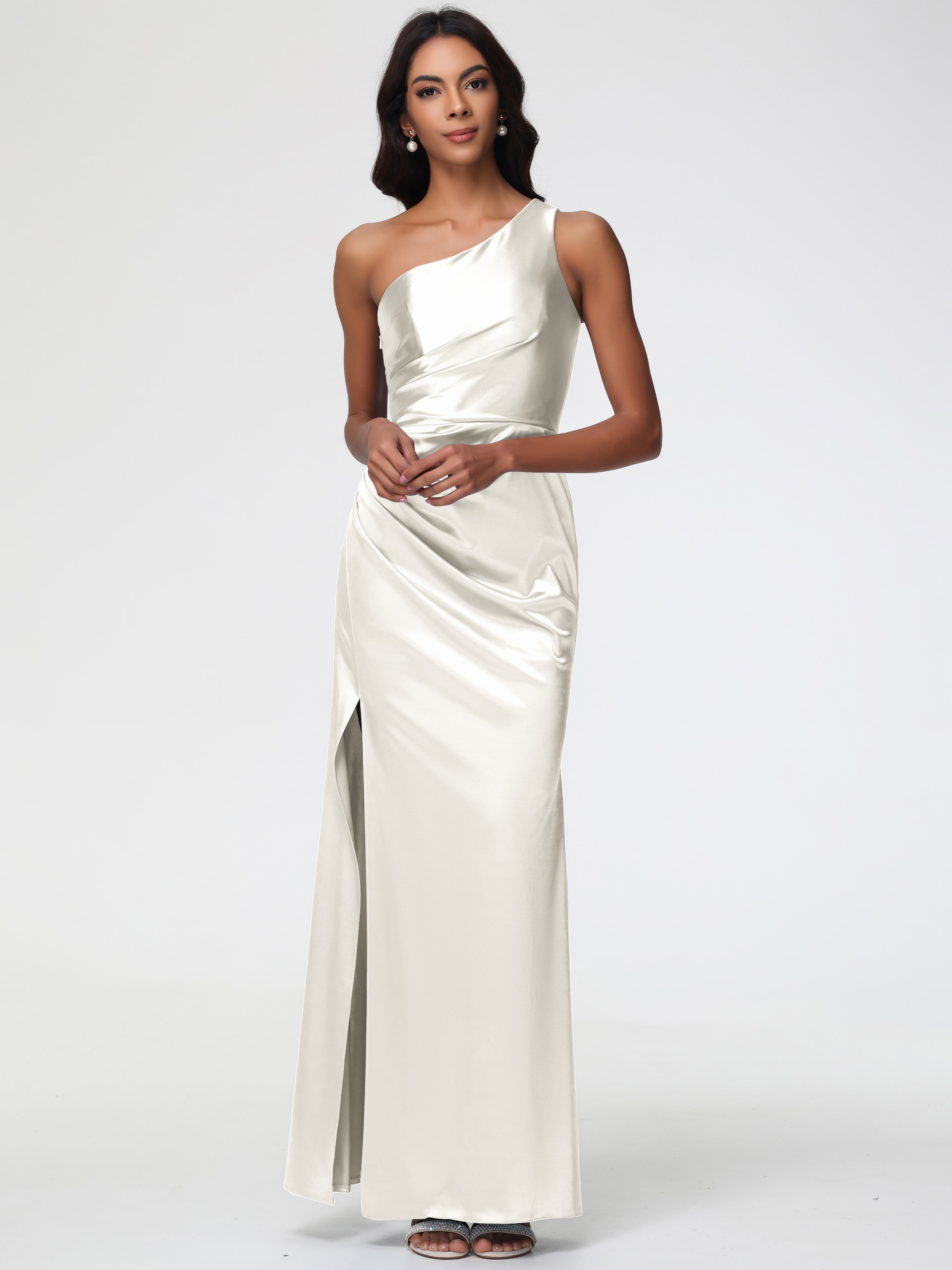 Robe Ivoire Demoiselle D Honneur Seule-Épaule Satin Extensible Robe Fourreau Demoiselle D Honneur