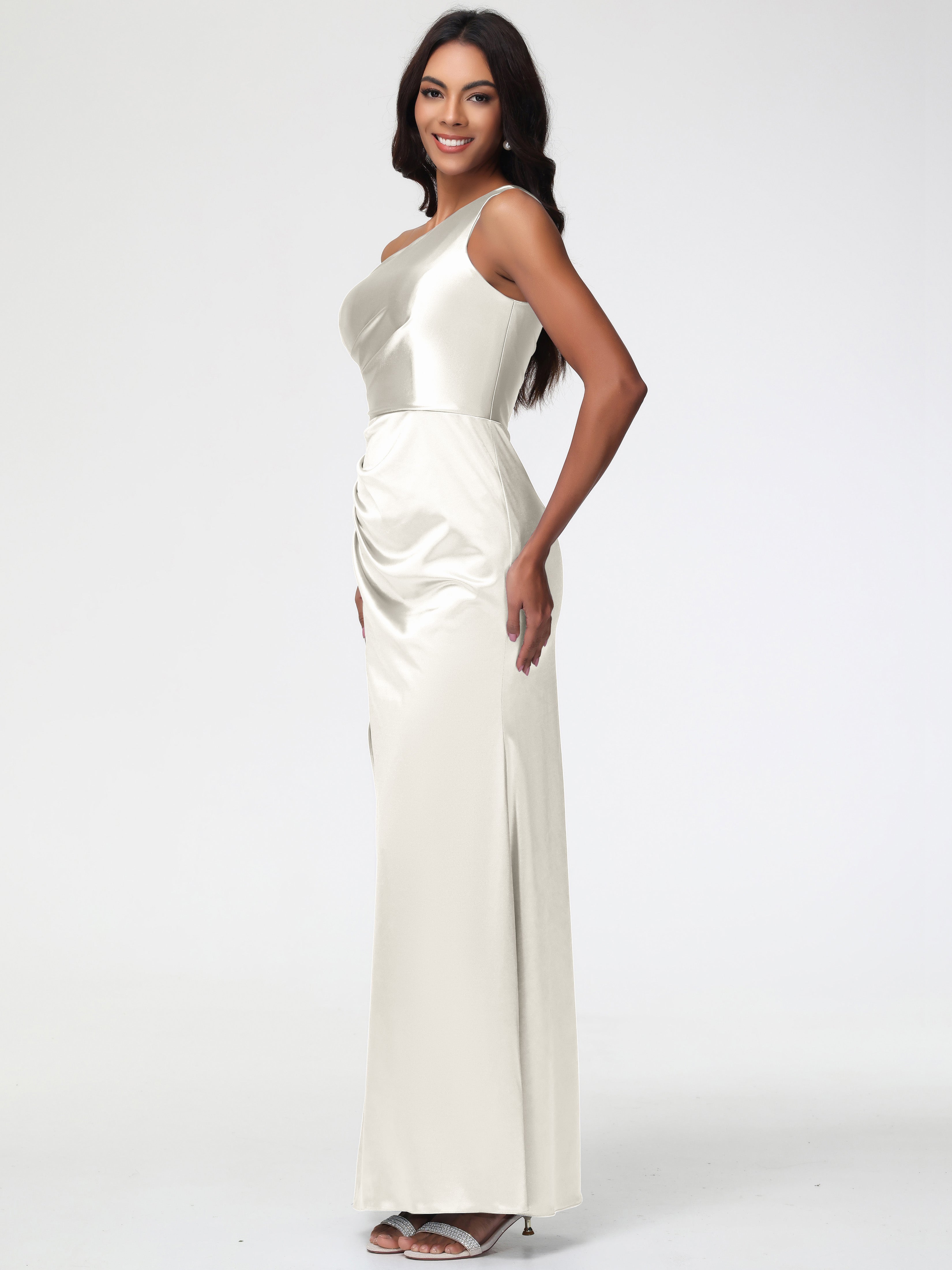 Robe Ivoire Demoiselle D Honneur Seule-Épaule Satin Extensible Robe Fourreau Demoiselle D Honneur